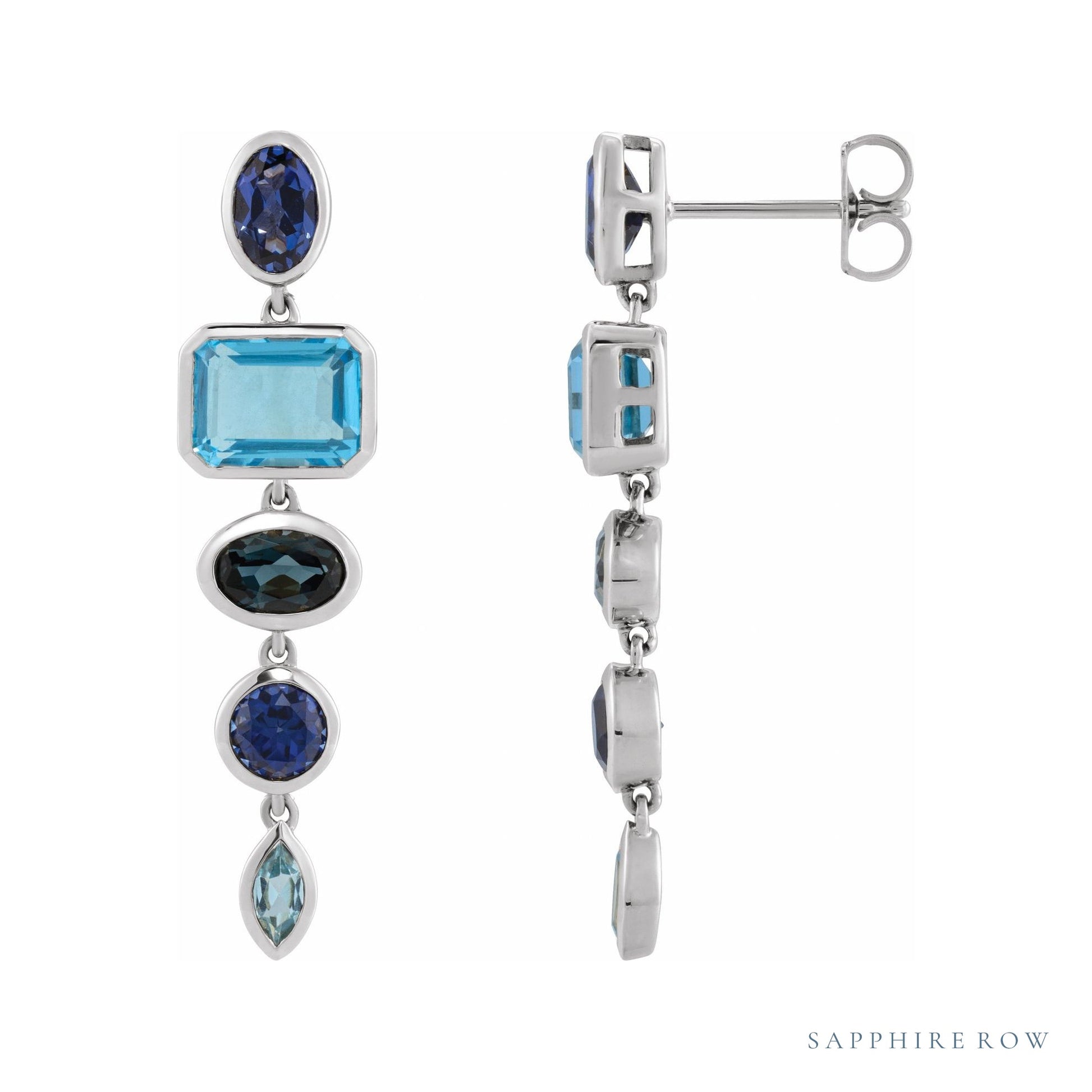 Sapphire Row Fancy Mixed-Cut Gemstone Dangle Earrings - Blue Sapphire & Topaz, 14K White Gold
