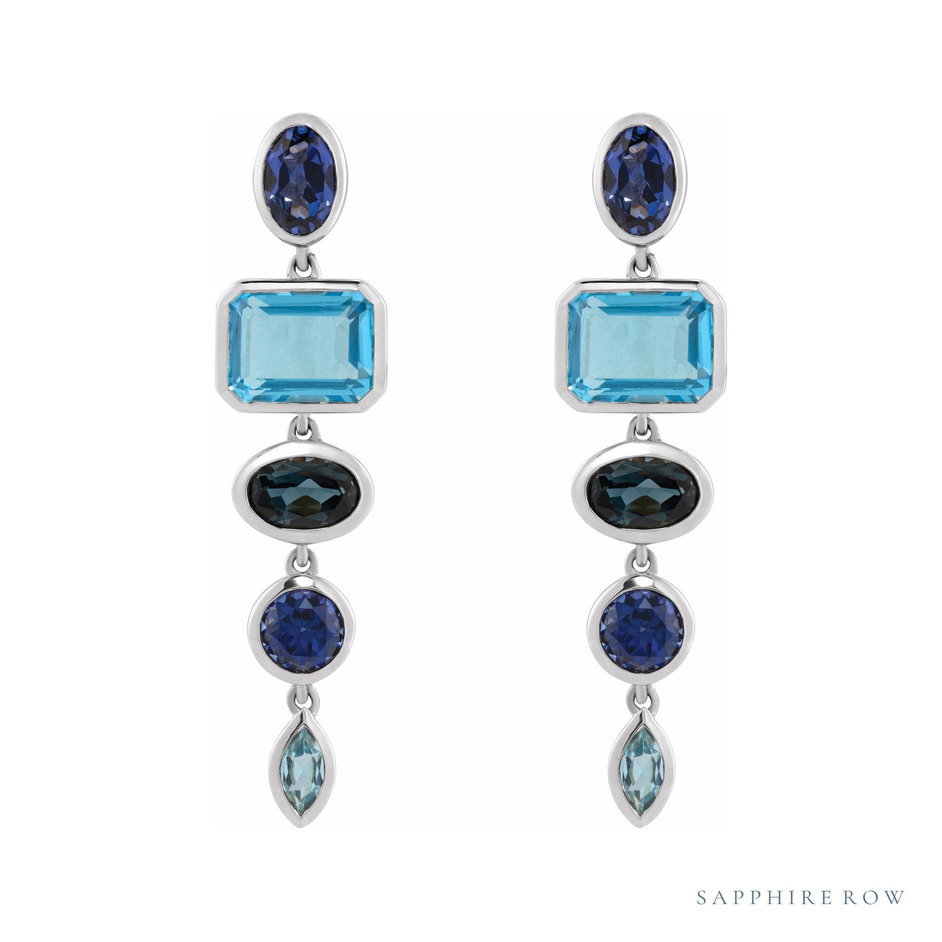 Sapphire Row Fancy Mixed-Cut Gemstone Dangle Earrings - Blue Sapphire & Topaz, 14K White Gold (view 2)