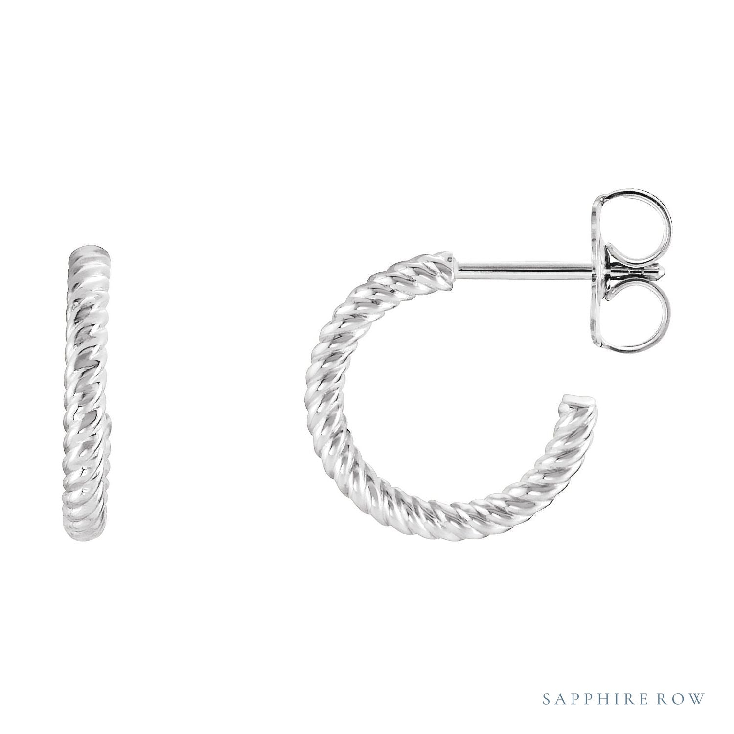 Sapphire Row Gold Twisted Rope Hoop Earrings - 14K White Gold, 12 mm