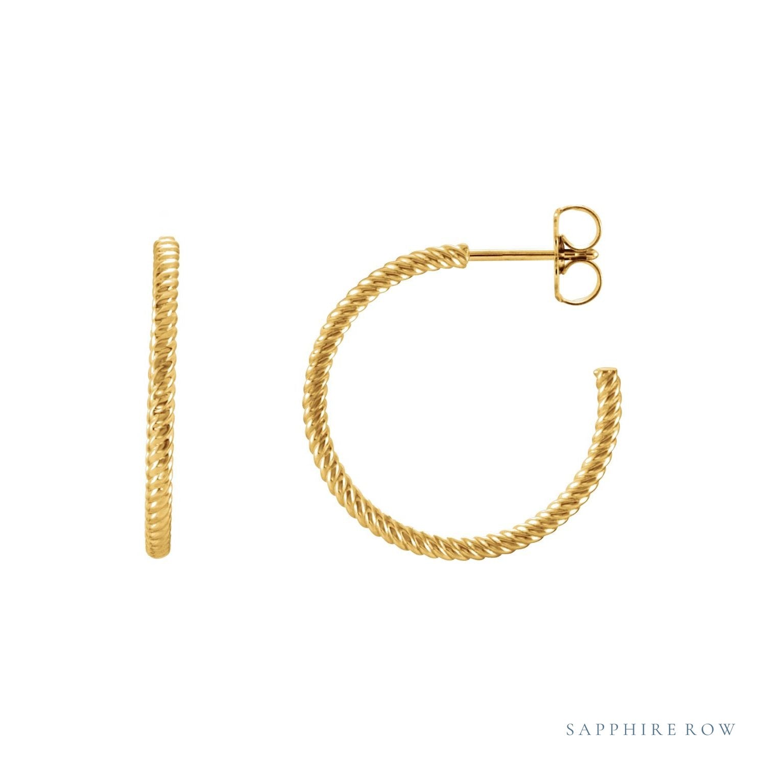 Sapphire Row Gold Twisted Rope Hoop Earrings - 14K Yellow Gold, 21 mm