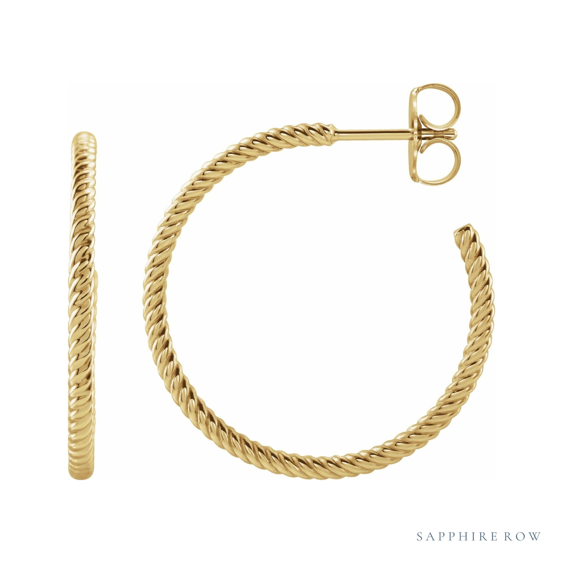 Sapphire Row Gold Twisted Rope Hoop Earrings - 14K Yellow Gold, 25 mm