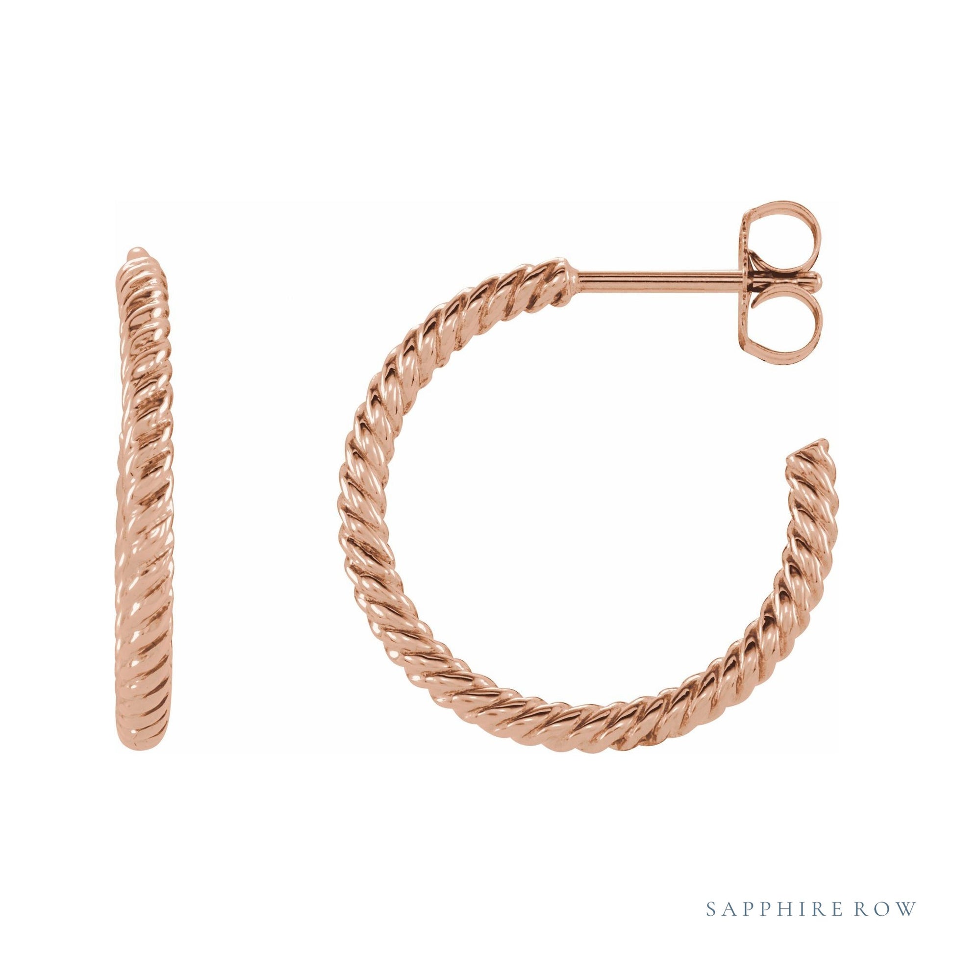 Sapphire Row Gold Twisted Rope Hoop Earrings - 14K Rose Gold, 17 mm