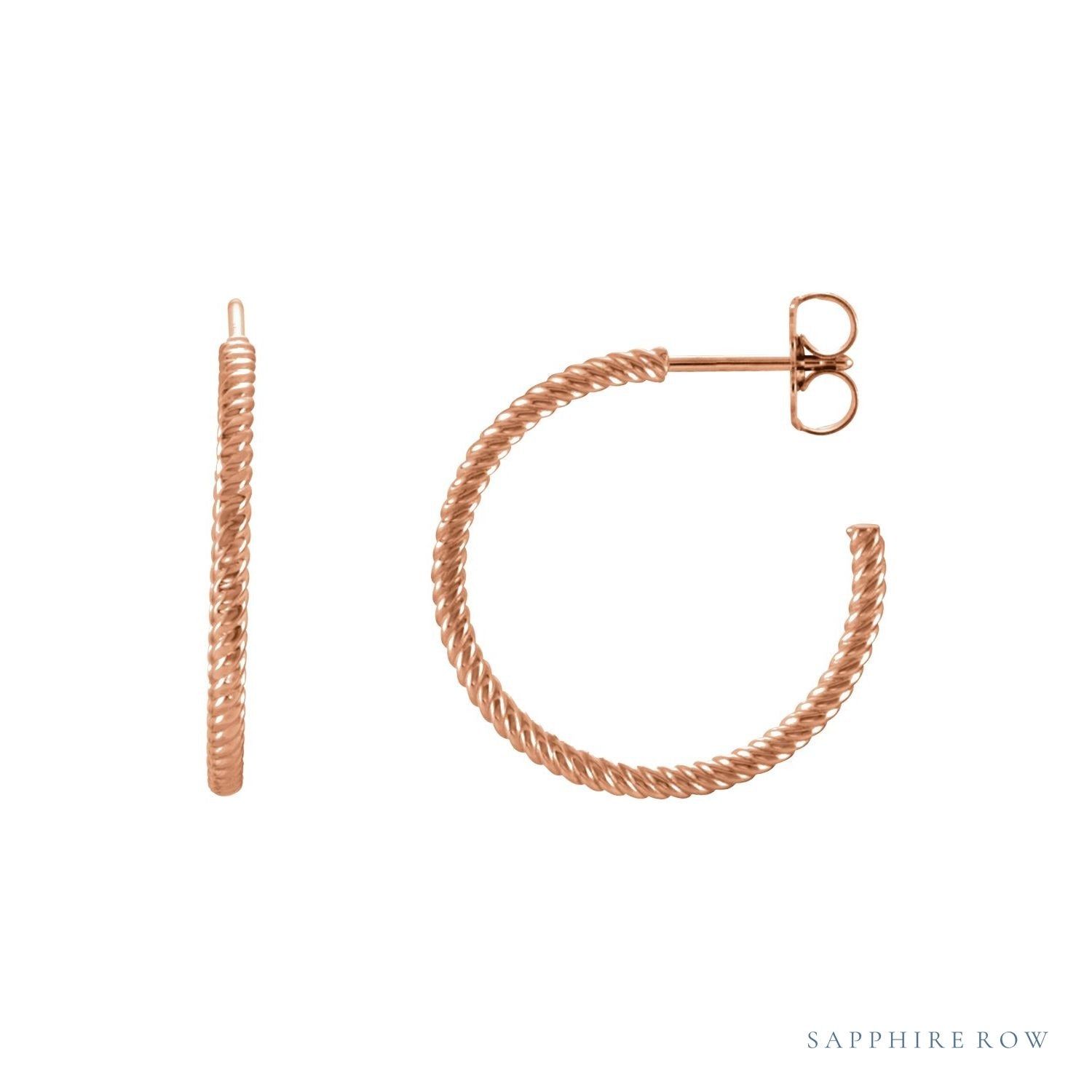 Sapphire Row Gold Twisted Rope Hoop Earrings - 14K Rose Gold, 21 mm