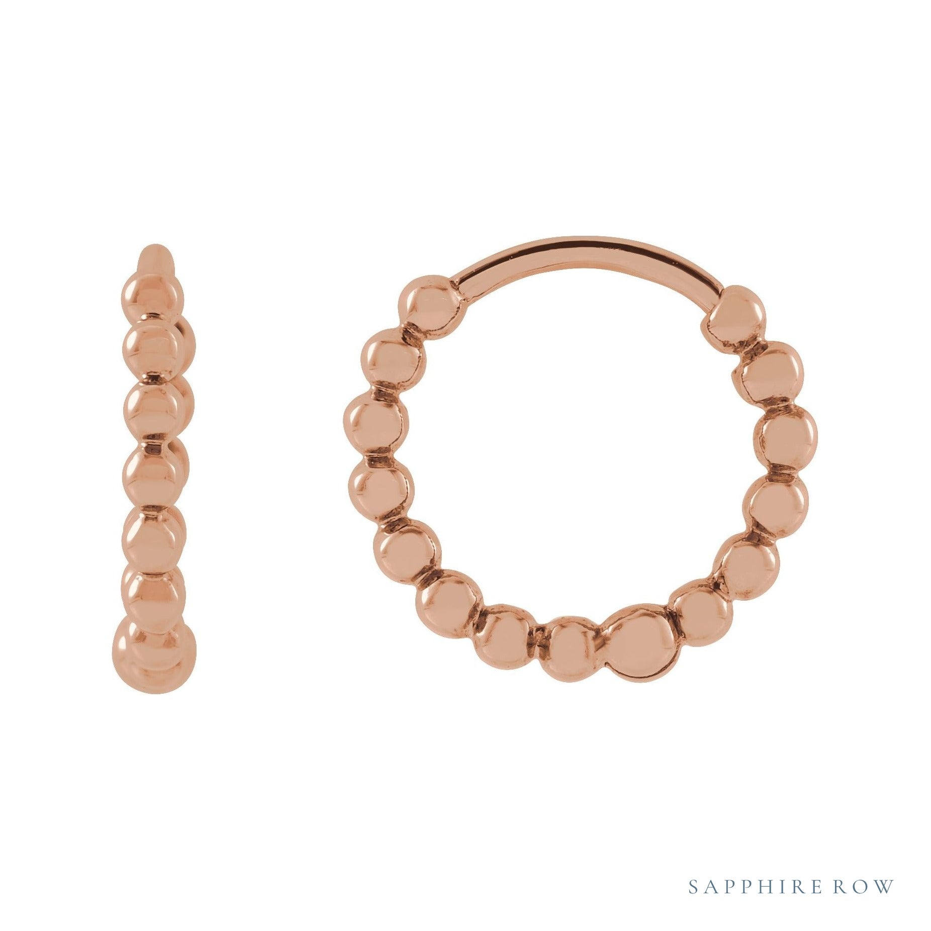 Sapphire Row Gold Beaded Hoop Earrings - 14K Rose Gold, 11 mm