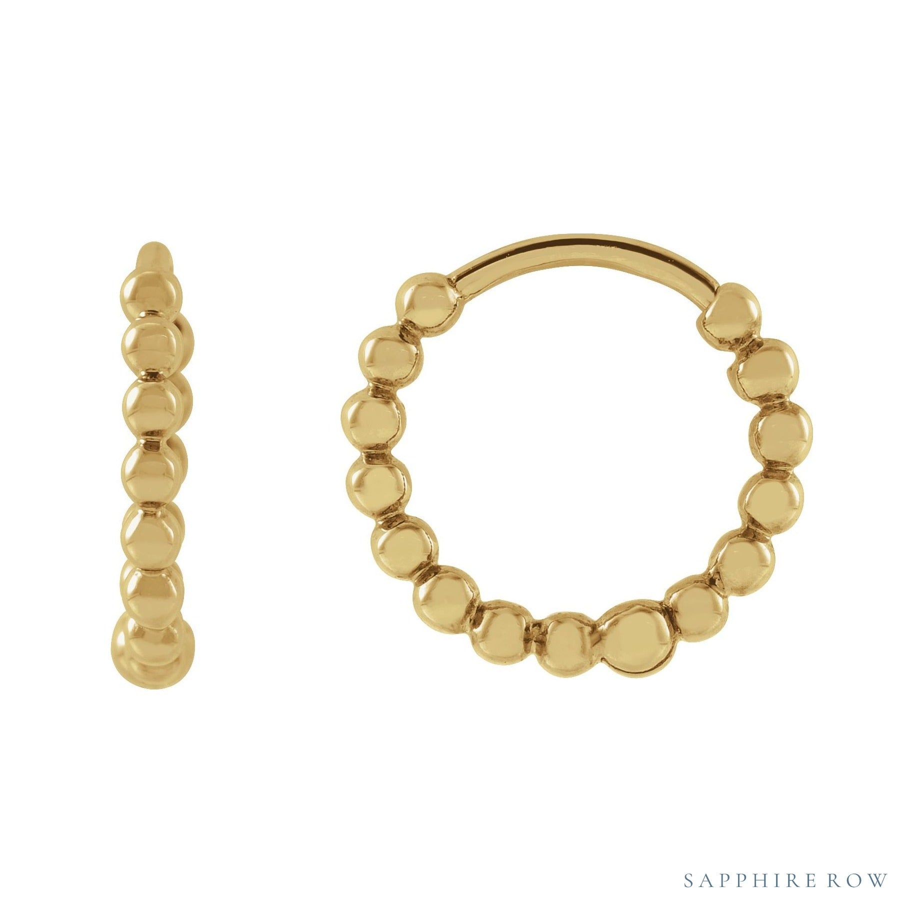 Sapphire Row Gold Beaded Hoop Earrings - 14K Yellow Gold, 11 mm