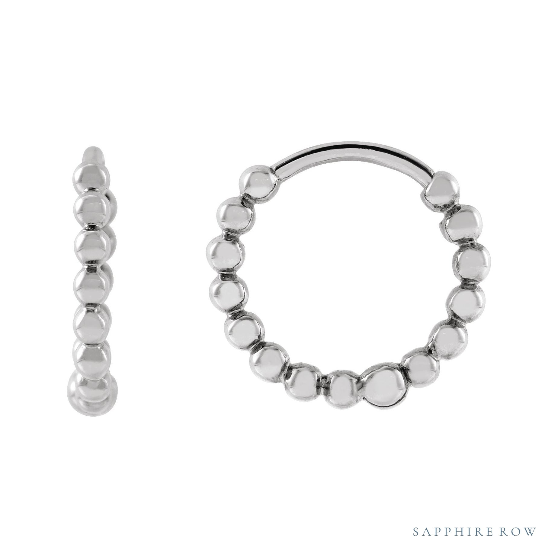Sapphire Row Gold Beaded Hoop Earrings - 14K White Gold, 11 mm