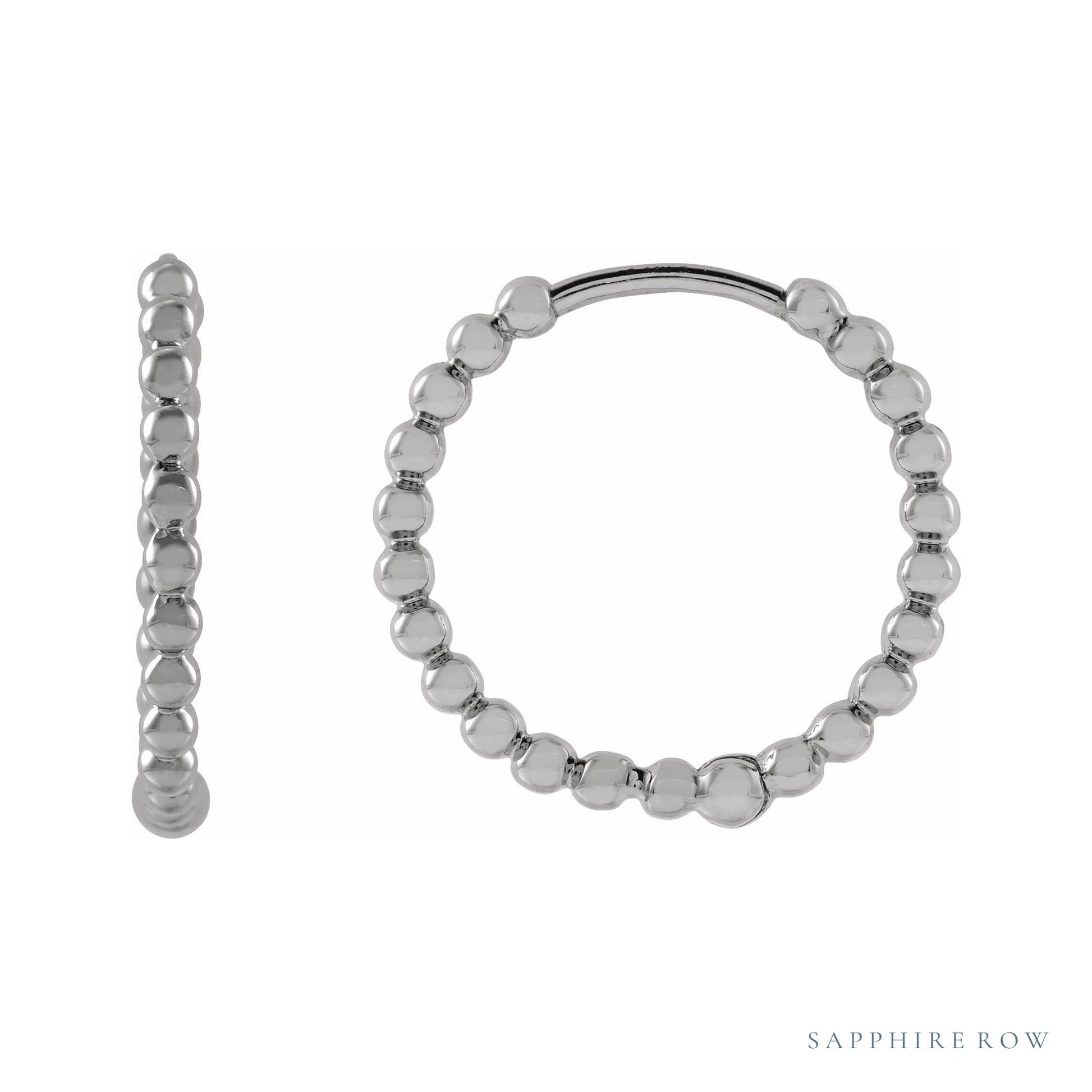 Sapphire Row Gold Beaded Hoop Earrings - 14K White Gold, 15 mm