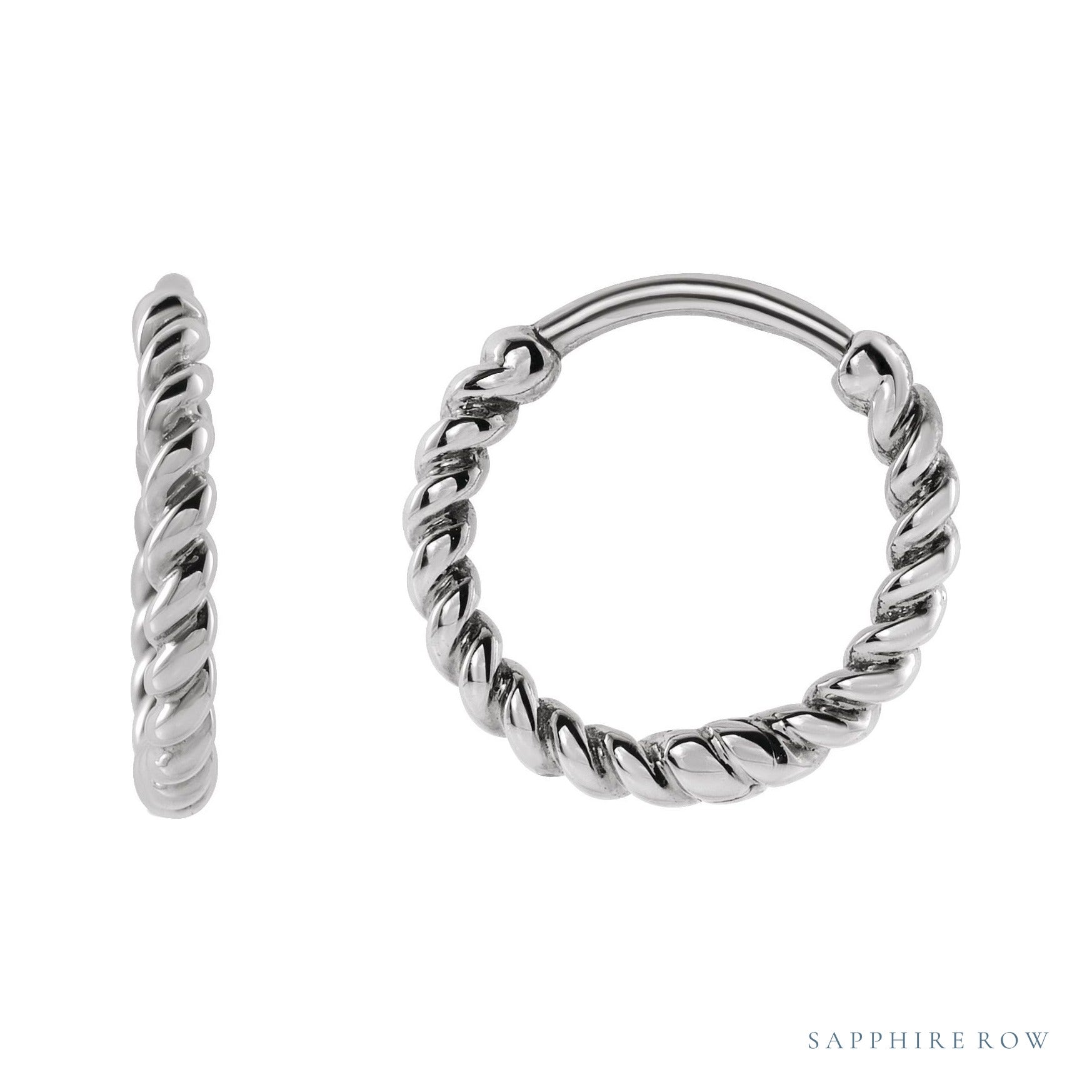 Sapphire Row Gold Twisted Rope Midi Hoop Earrings - 14K White Gold