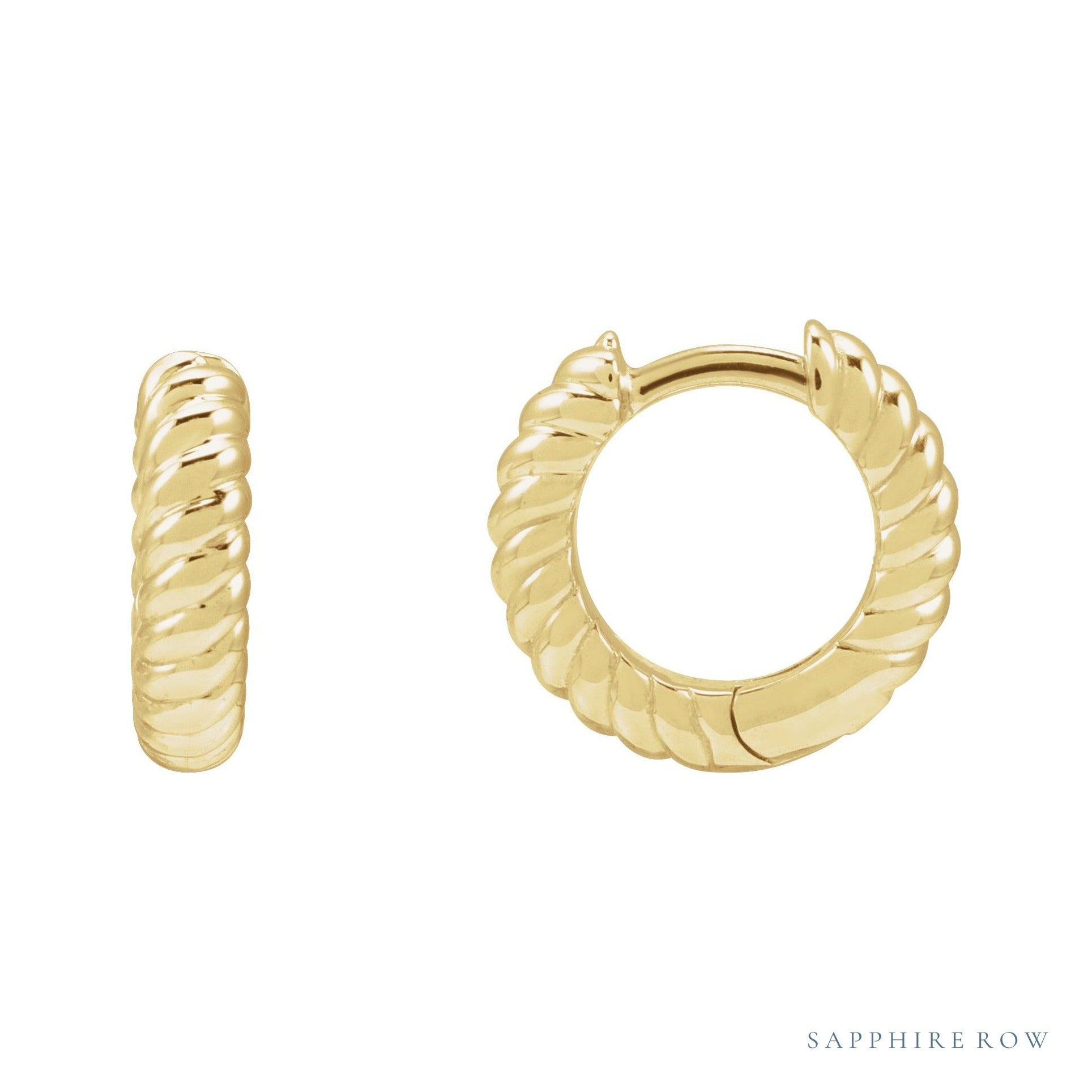 Sapphire Row Gold Twisted Rope Huggie Earrings - 14K Yellow Gold, 10.5 mm