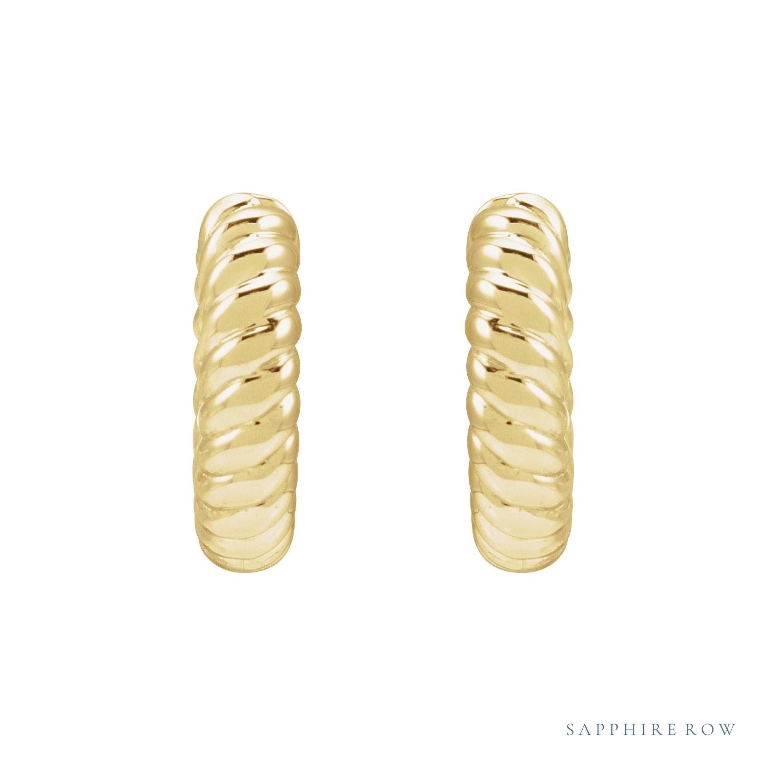 Sapphire Row Gold Twisted Rope Huggie Earrings - 14K Yellow Gold, 10.5 mm (view 2)