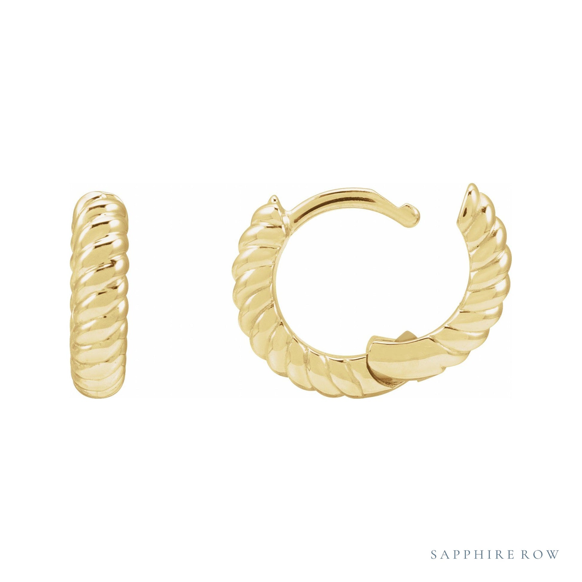 Sapphire Row Gold Twisted Rope Huggie Earrings - 14K Yellow Gold, 10.5 mm (view 3)