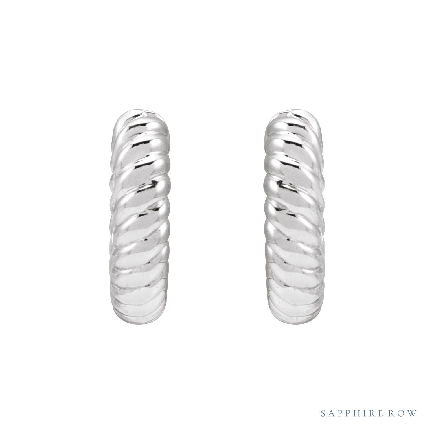 Sapphire Row Gold Twisted Rope Huggie Earrings - 14K White Gold, 10.5 mm (view 2)