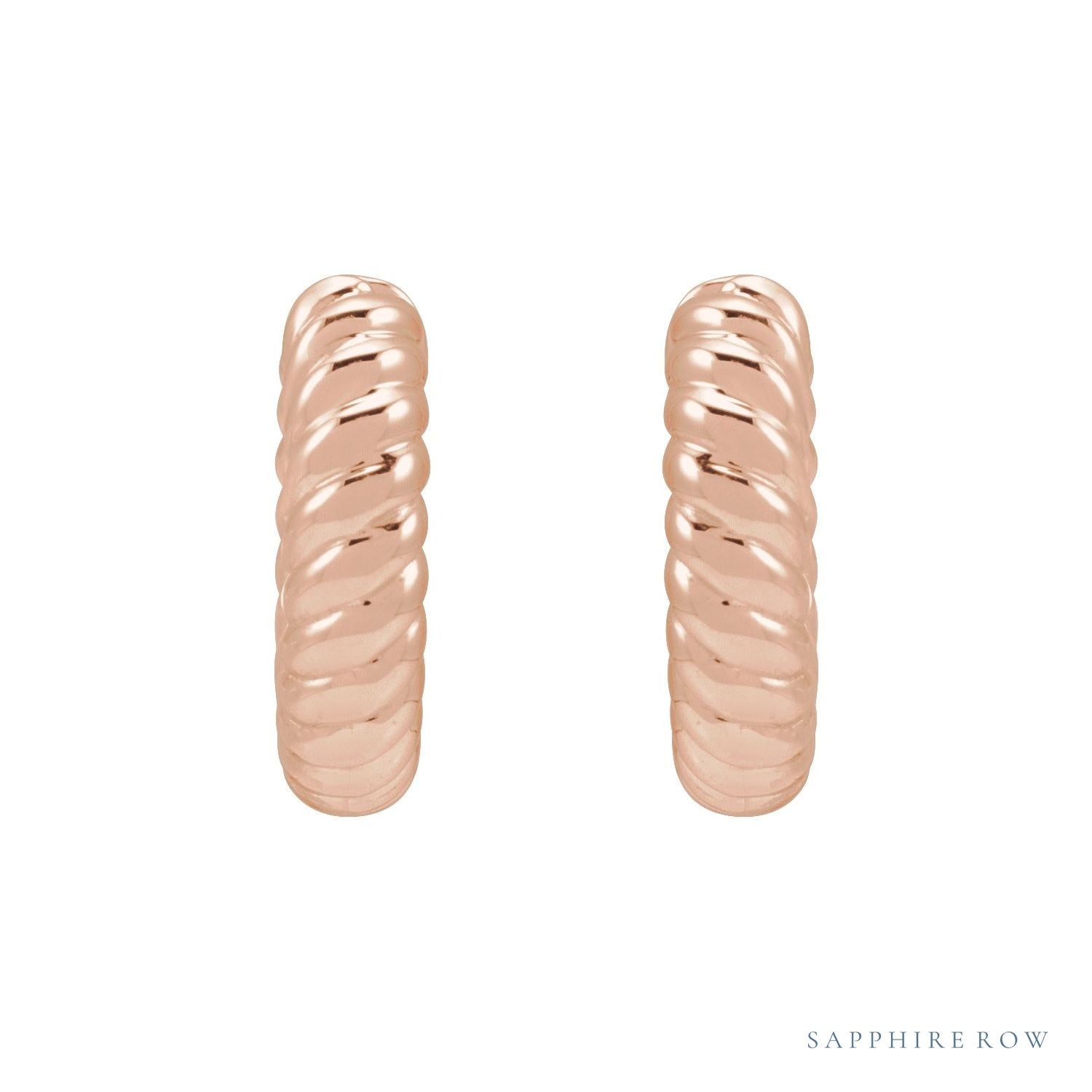 Sapphire Row Gold Twisted Rope Huggie Earrings - 14K Rose Gold, 10.5 mm (view 2)