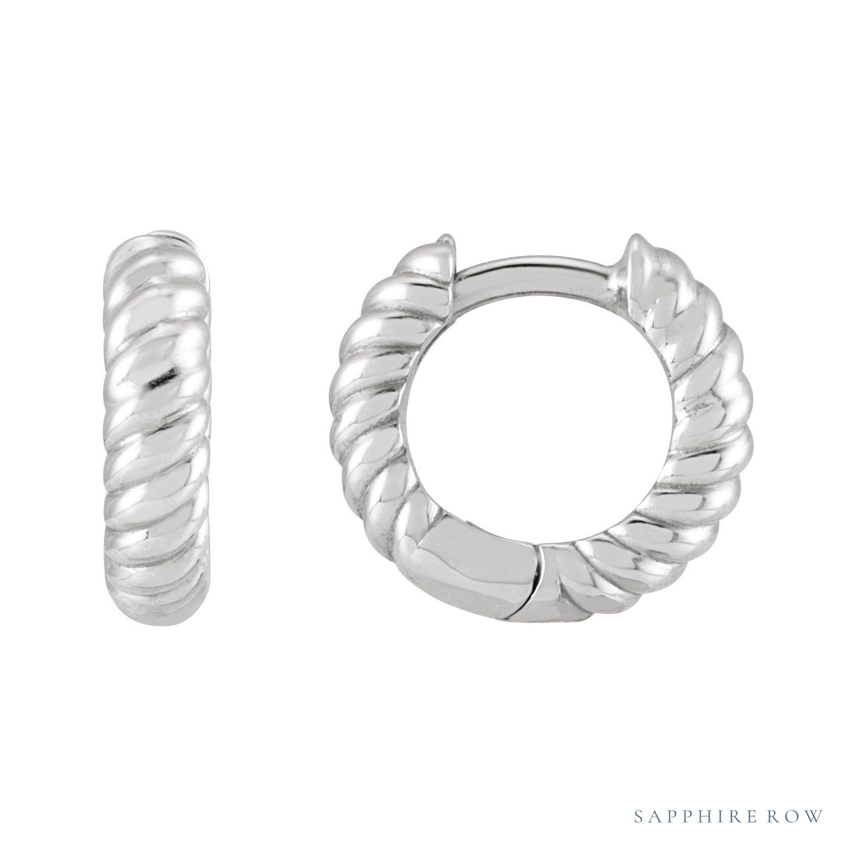 Sapphire Row Gold Twisted Rope Huggie Earrings - 14K White Gold