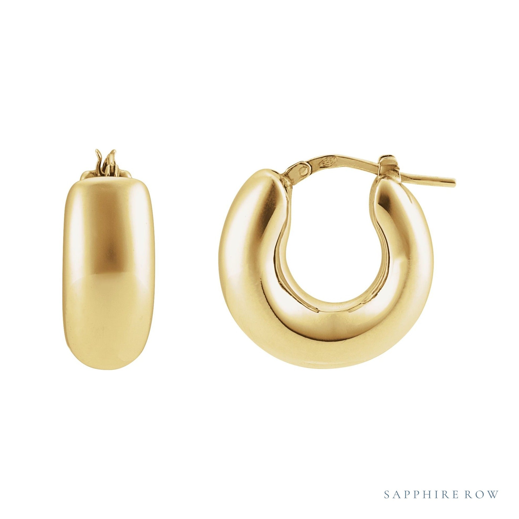 Sapphire Row Gold Puffed Huggie Earrings - 14K Yellow Gold