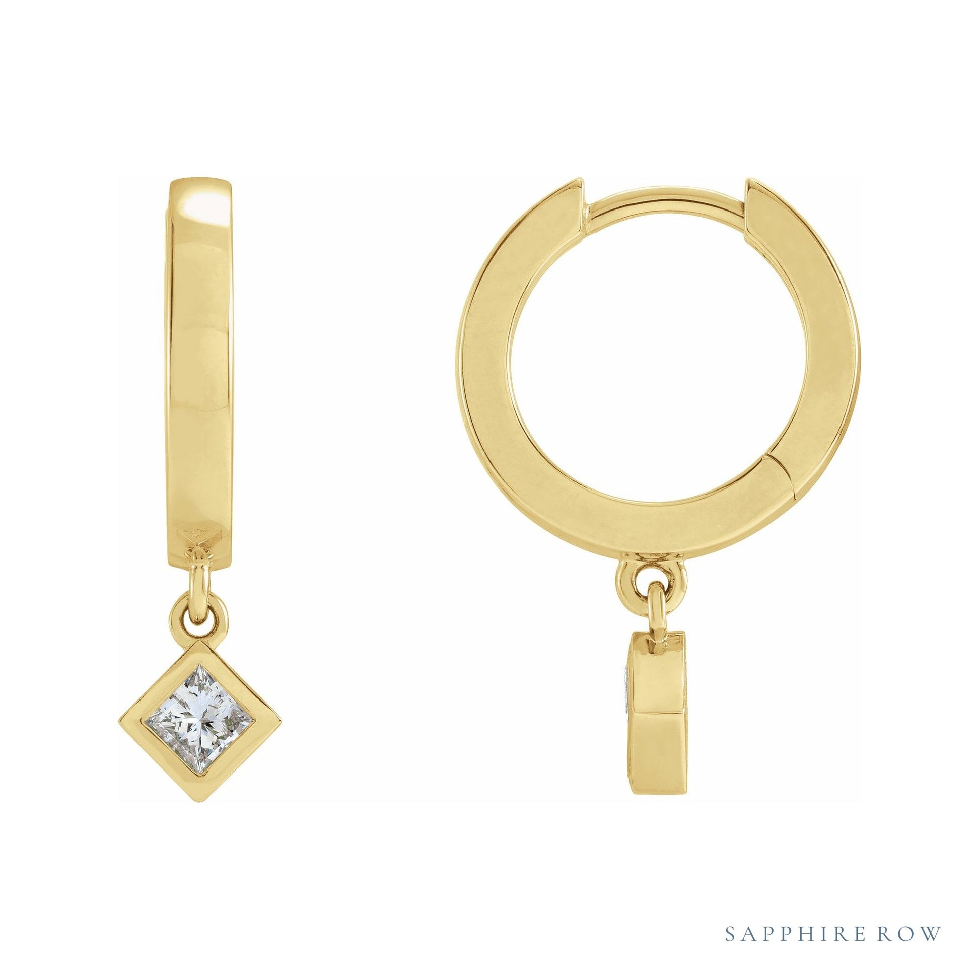 Sapphire Row Natural Diamond Bezel-Dangle Huggie Earrings - 14K Yellow Gold, 1/3 CTW