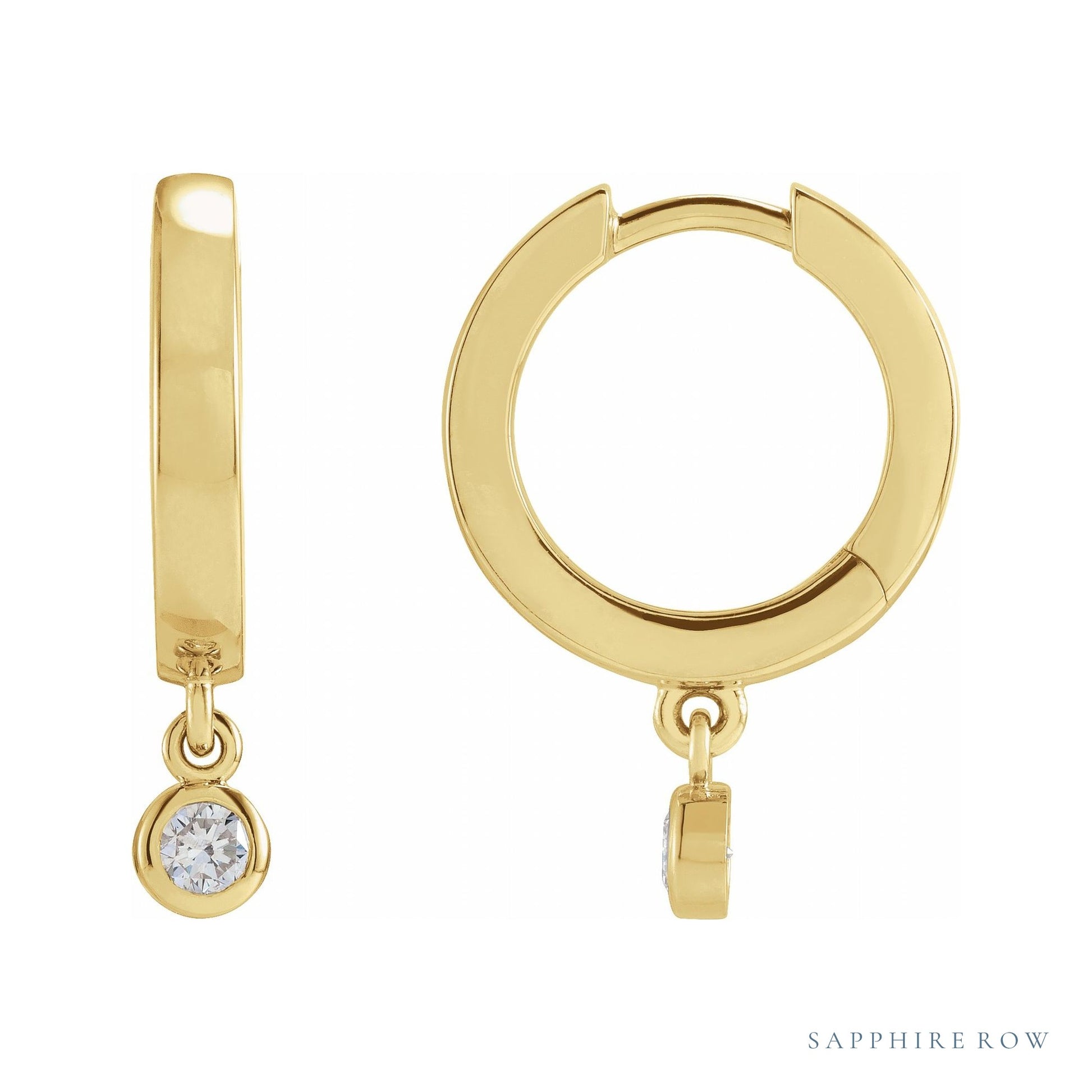Sapphire Row Natural Diamond Bezel-Dangle Huggie Earrings - 14K Yellow Gold, 1/5 CTW