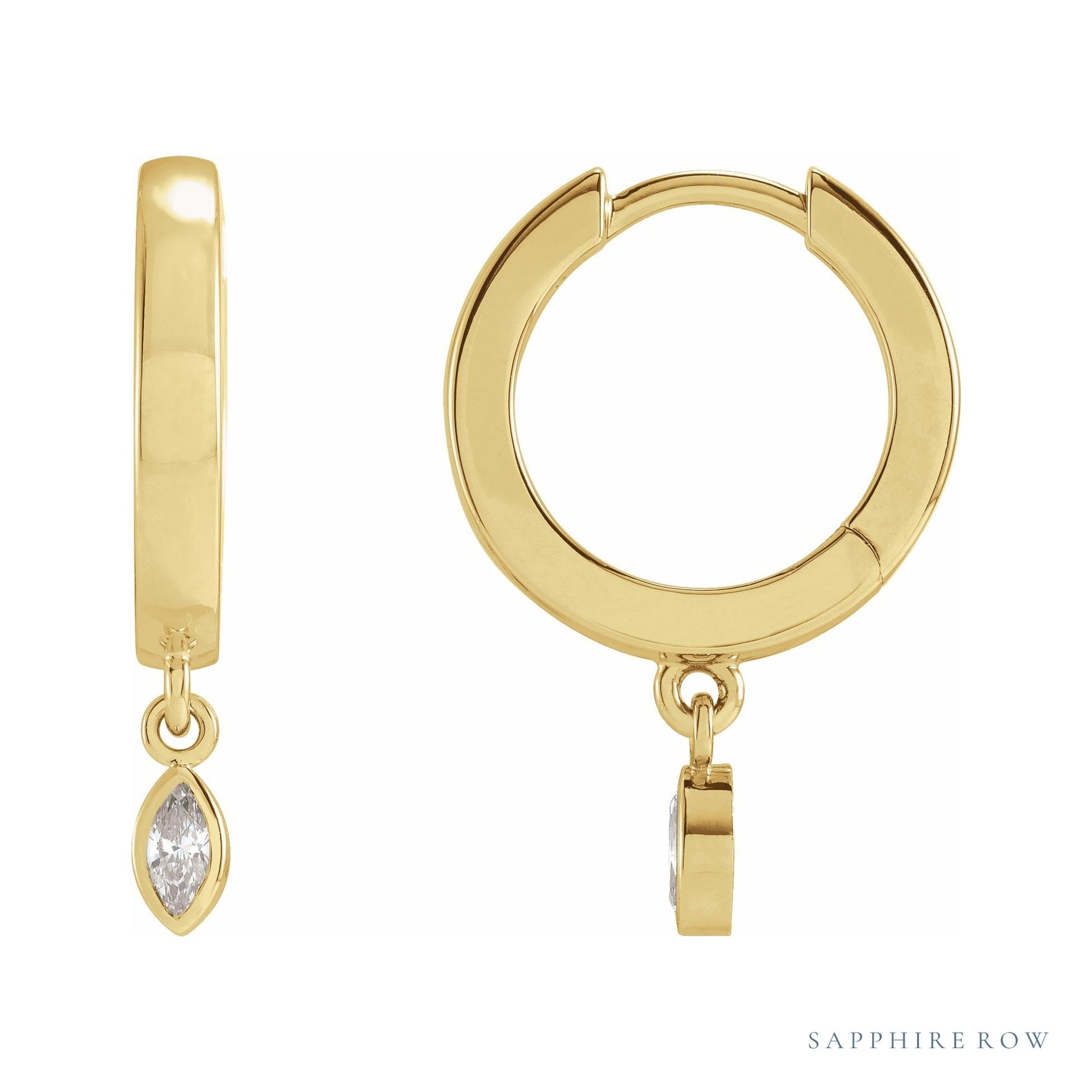 Sapphire Row Natural Diamond Bezel-Dangle Huggie Earrings - 14K Yellow Gold, 1/8 CTW