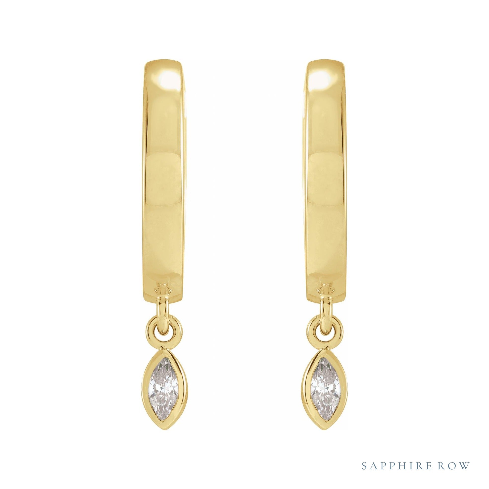 Sapphire Row Natural Diamond Bezel-Dangle Huggie Earrings - 14K Yellow Gold, 1/8 CTW (view 2)