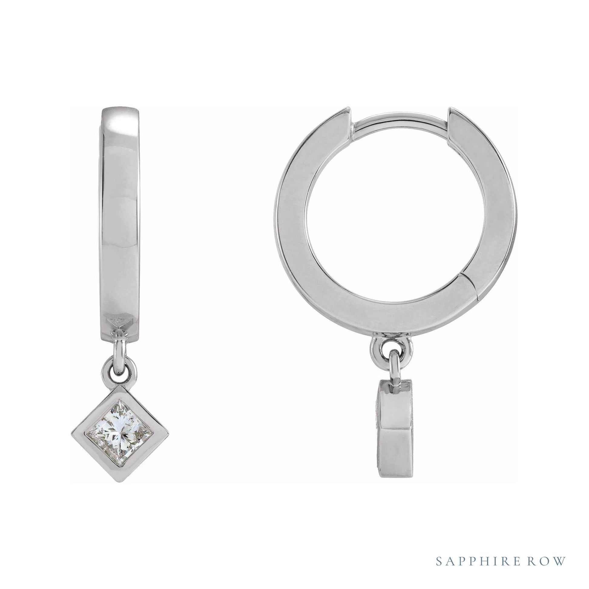 Sapphire Row Natural Diamond Bezel-Dangle Huggie Earrings - 14K White Gold, 1/3 CTW