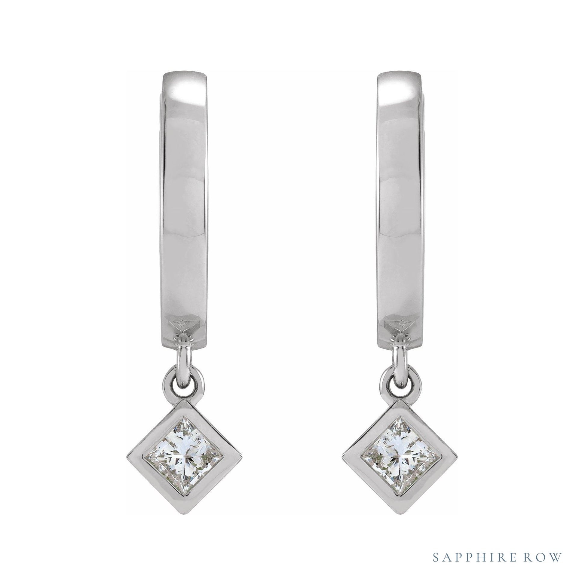 Sapphire Row Natural Diamond Bezel-Dangle Huggie Earrings - 14K White Gold, 1/3 CTW (view 2)