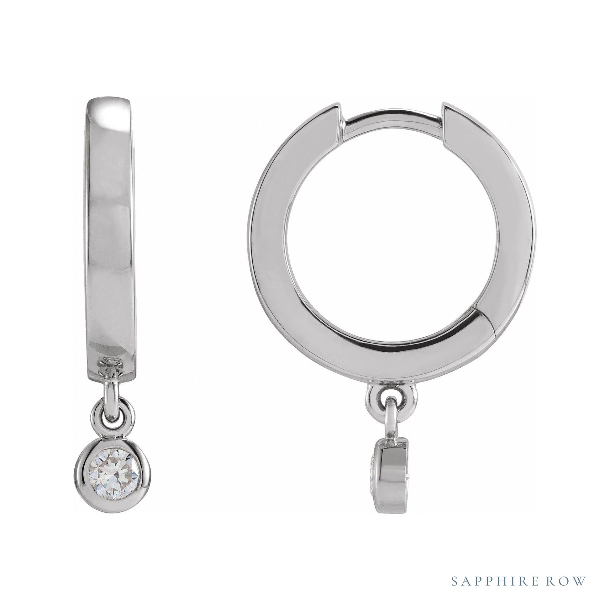 Sapphire Row Natural Diamond Bezel-Dangle Huggie Earrings - 14K White Gold, 1/5 CTW