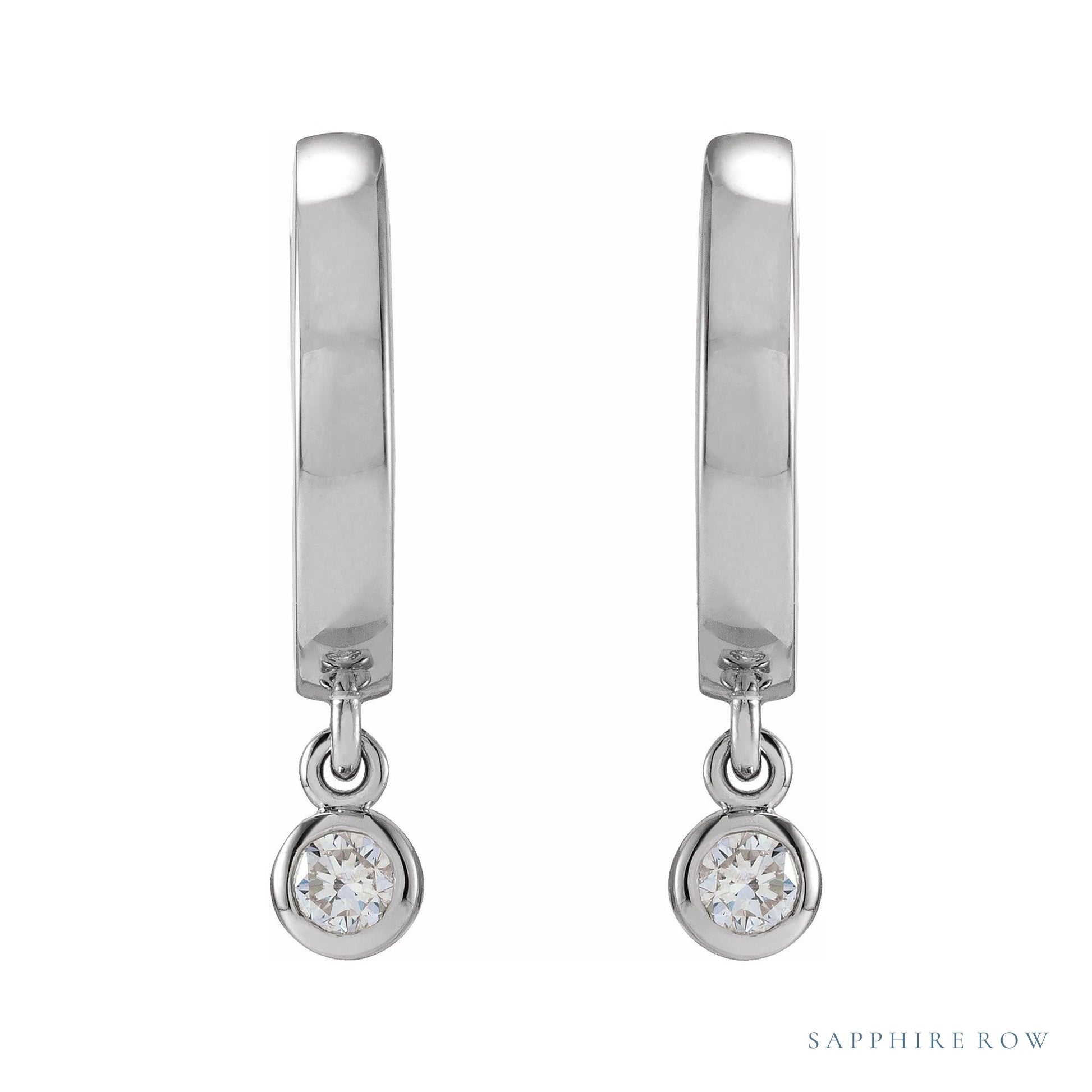 Sapphire Row Natural Diamond Bezel-Dangle Huggie Earrings - 14K White Gold, 1/5 CTW (view 2)