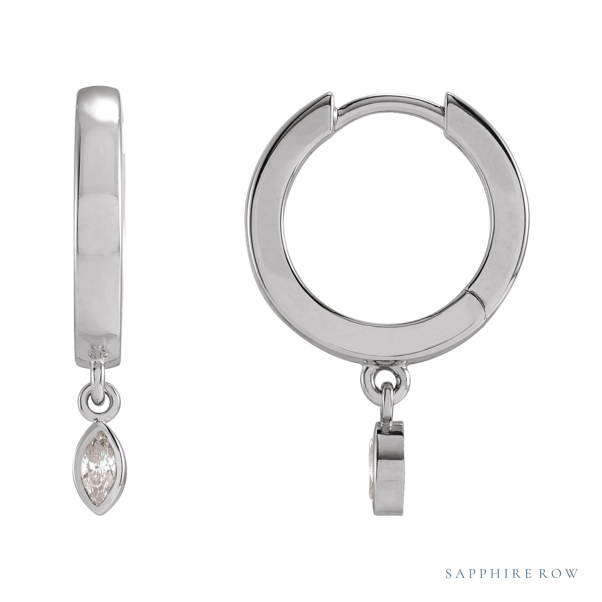 Sapphire Row Natural Diamond Bezel-Dangle Huggie Earrings - 14K White Gold, 1/8 CTW