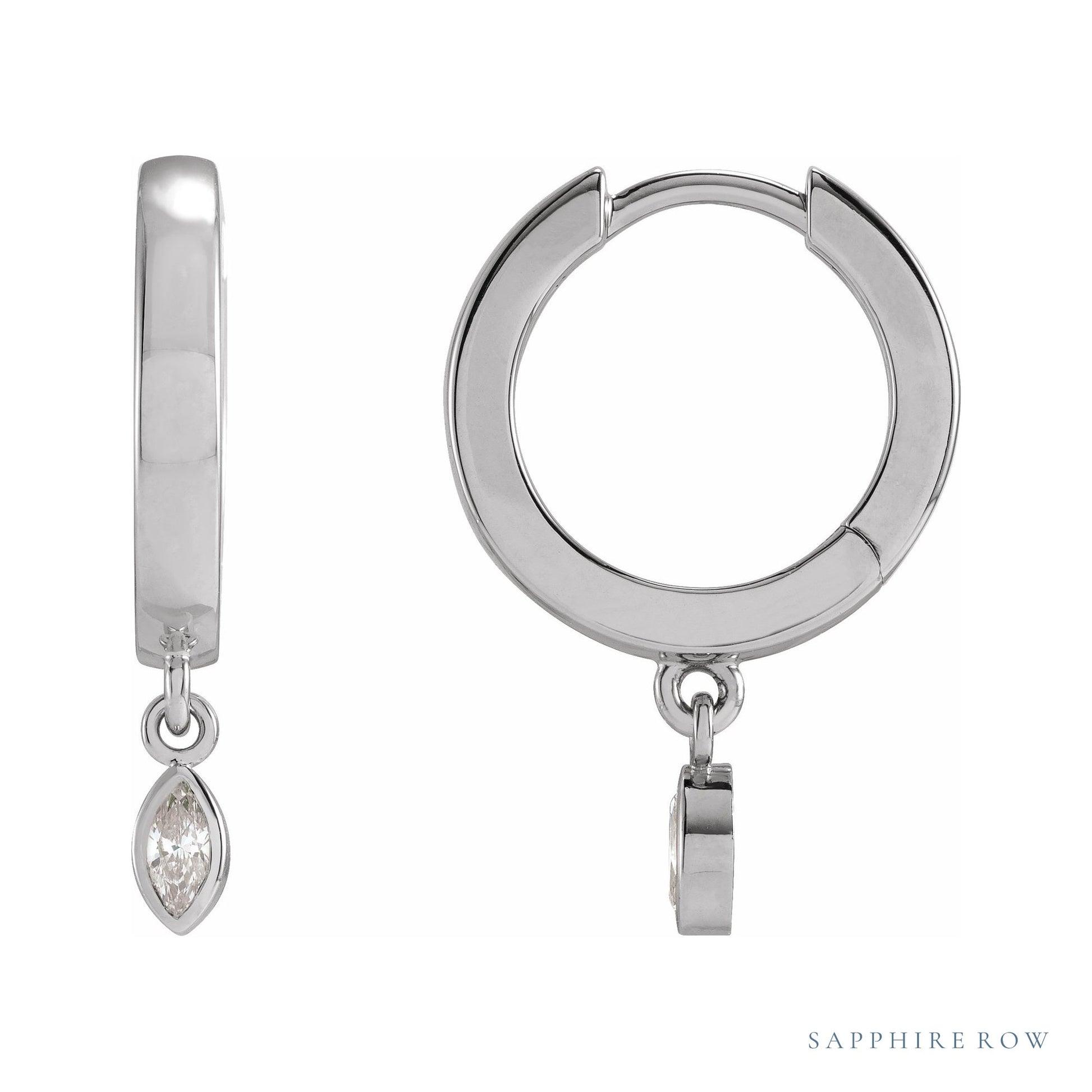 Sapphire Row Natural Diamond Bezel-Dangle Huggie Earrings - 14K White Gold, 1/8 CTW