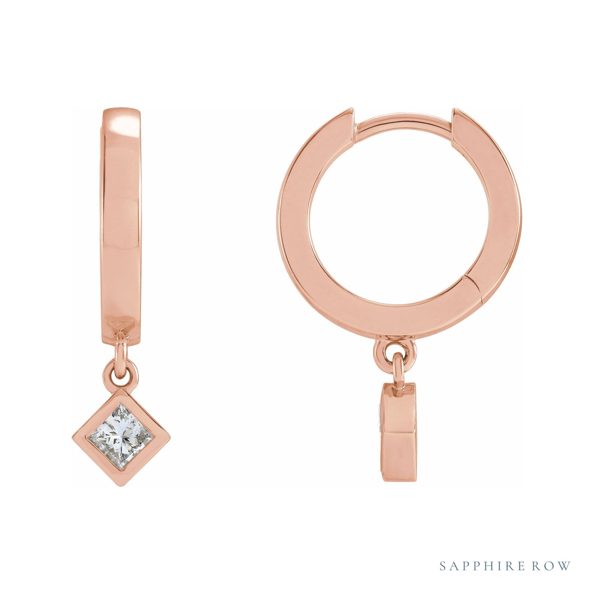 Sapphire Row Natural Diamond Bezel-Dangle Huggie Earrings - 14K Rose Gold, 1/3 CTW