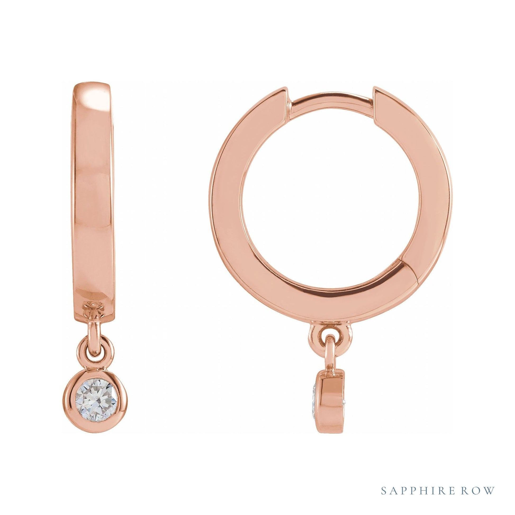 Sapphire Row Natural Diamond Bezel-Dangle Huggie Earrings - 14K Rose Gold, 1/5 CTW