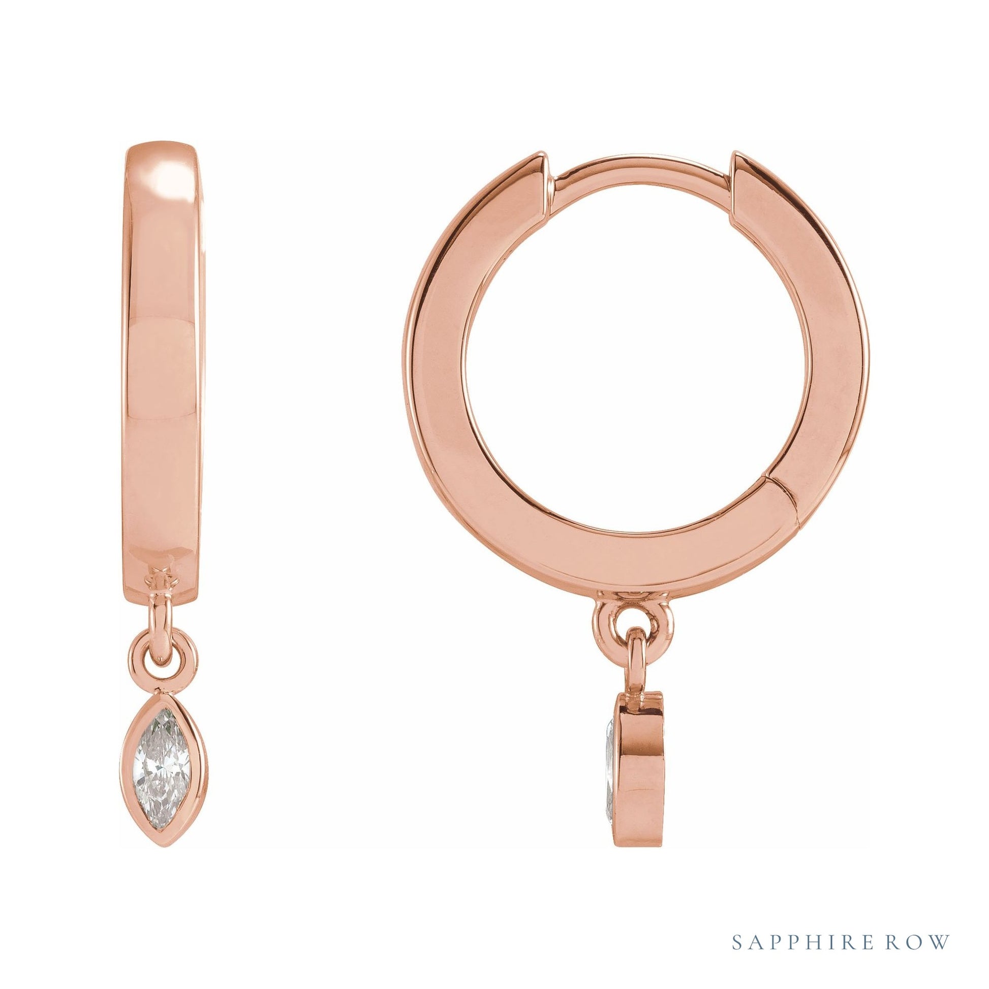 Sapphire Row Natural Diamond Bezel-Dangle Huggie Earrings - 14K Rose Gold, 1/8 CTW