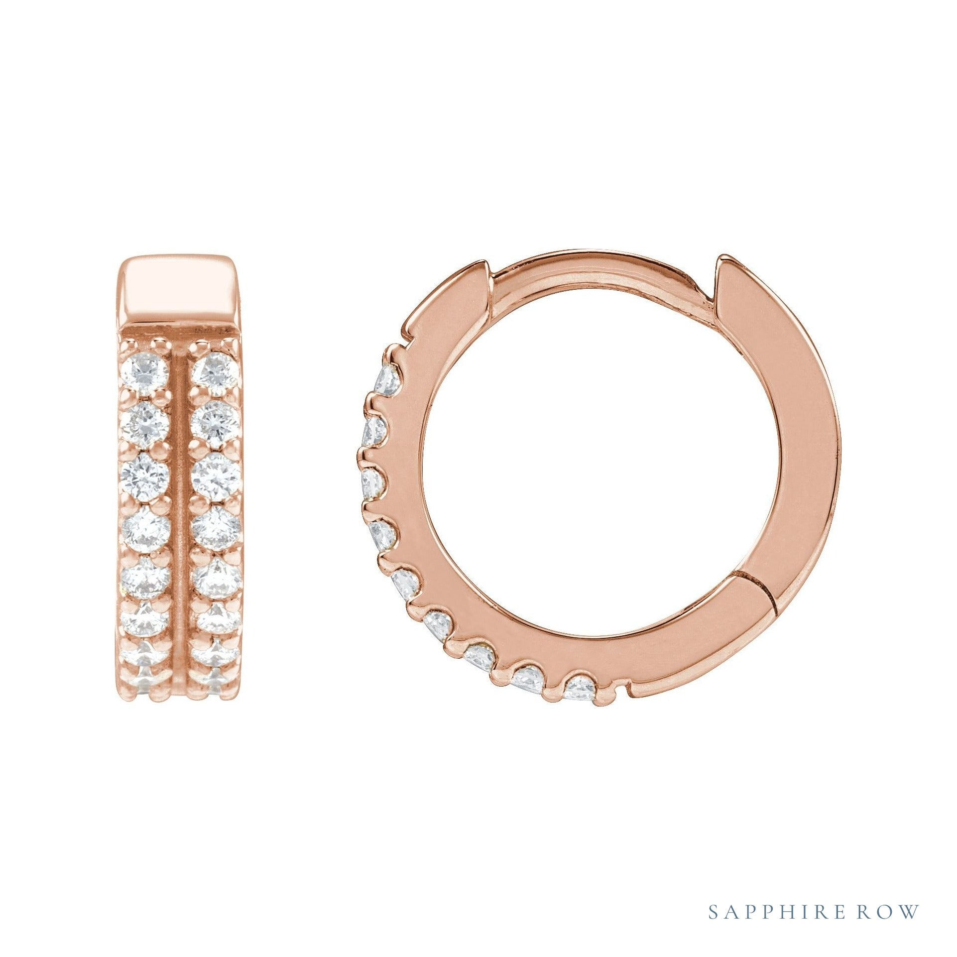 Sapphire Row Natural Diamond Double Pavé Huggie Earrings - 14K Rose Gold, 1/4 CTW