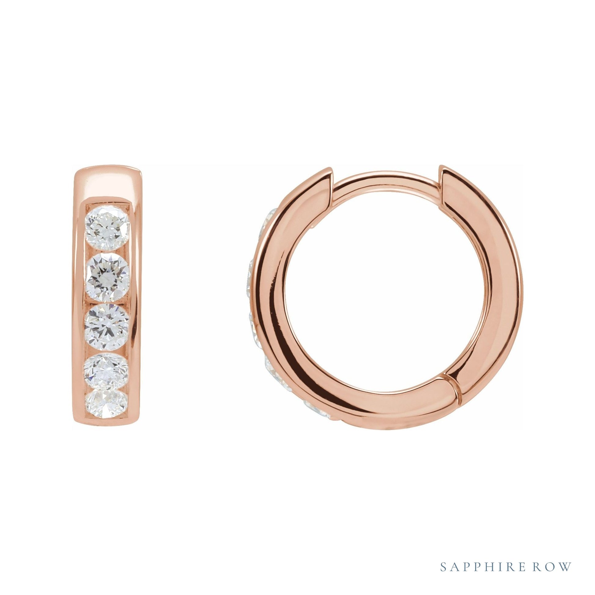 Sapphire Row Natural Diamond Channel-Set Huggie Earrings - 14K Rose Gold, 14 mm · 5/8 ctw