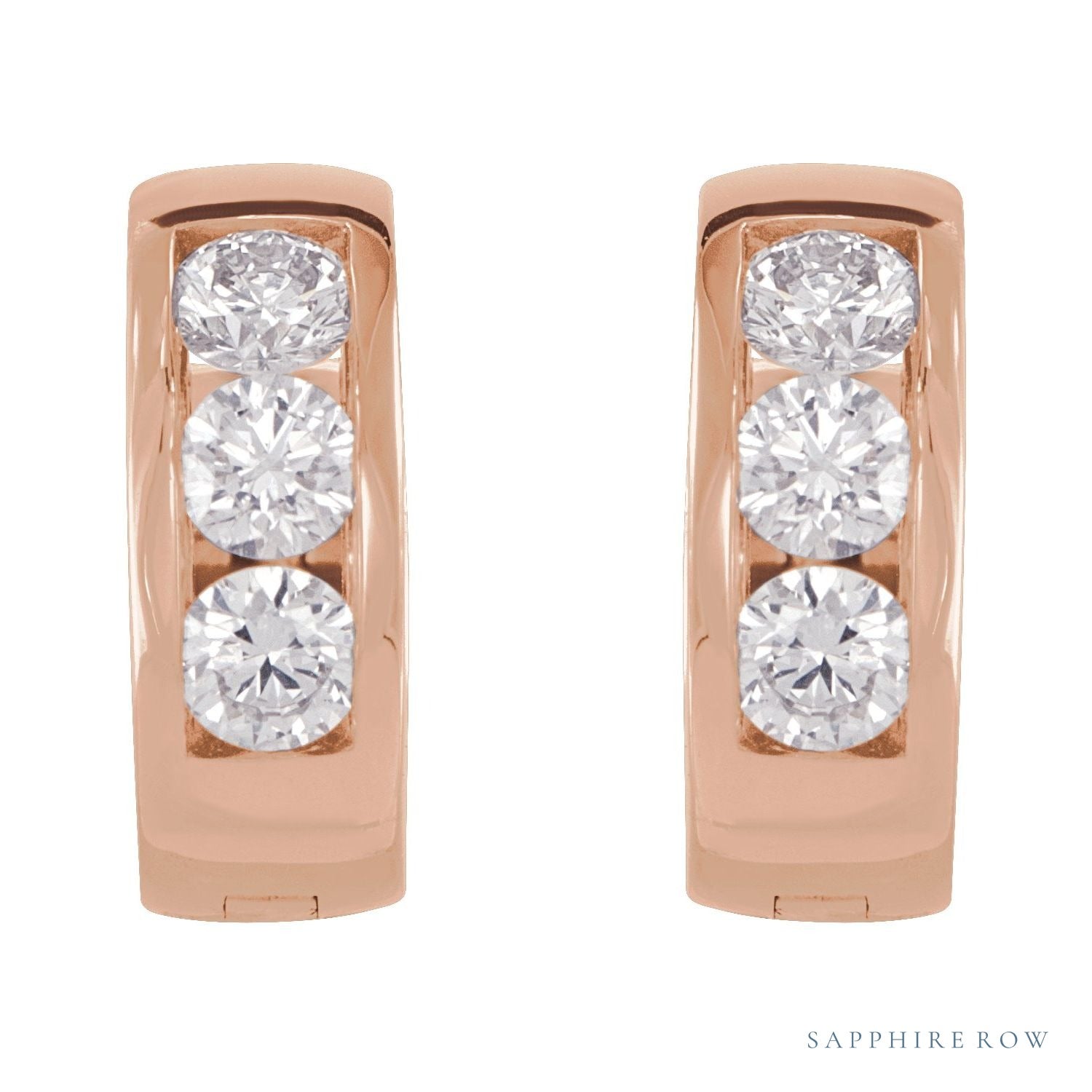 Sapphire Row Natural Diamond Channel-Set Huggie Earrings - 14K Rose Gold (view 2)