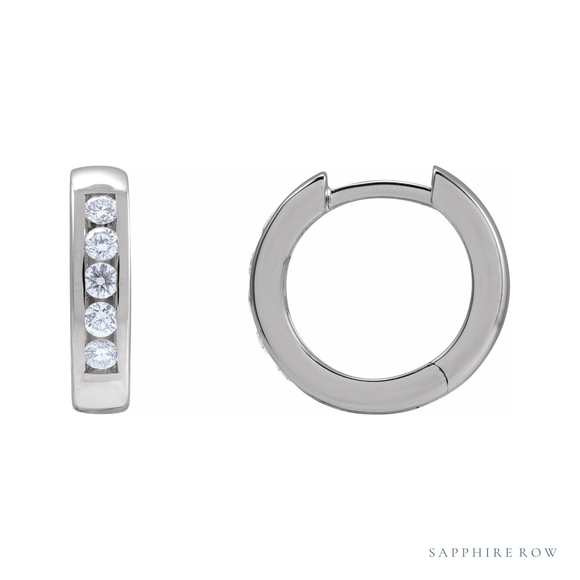 Sapphire Row Natural Diamond Channel-Set Huggie Earrings - 14K White Gold, 14 mm · 1/3 ctw