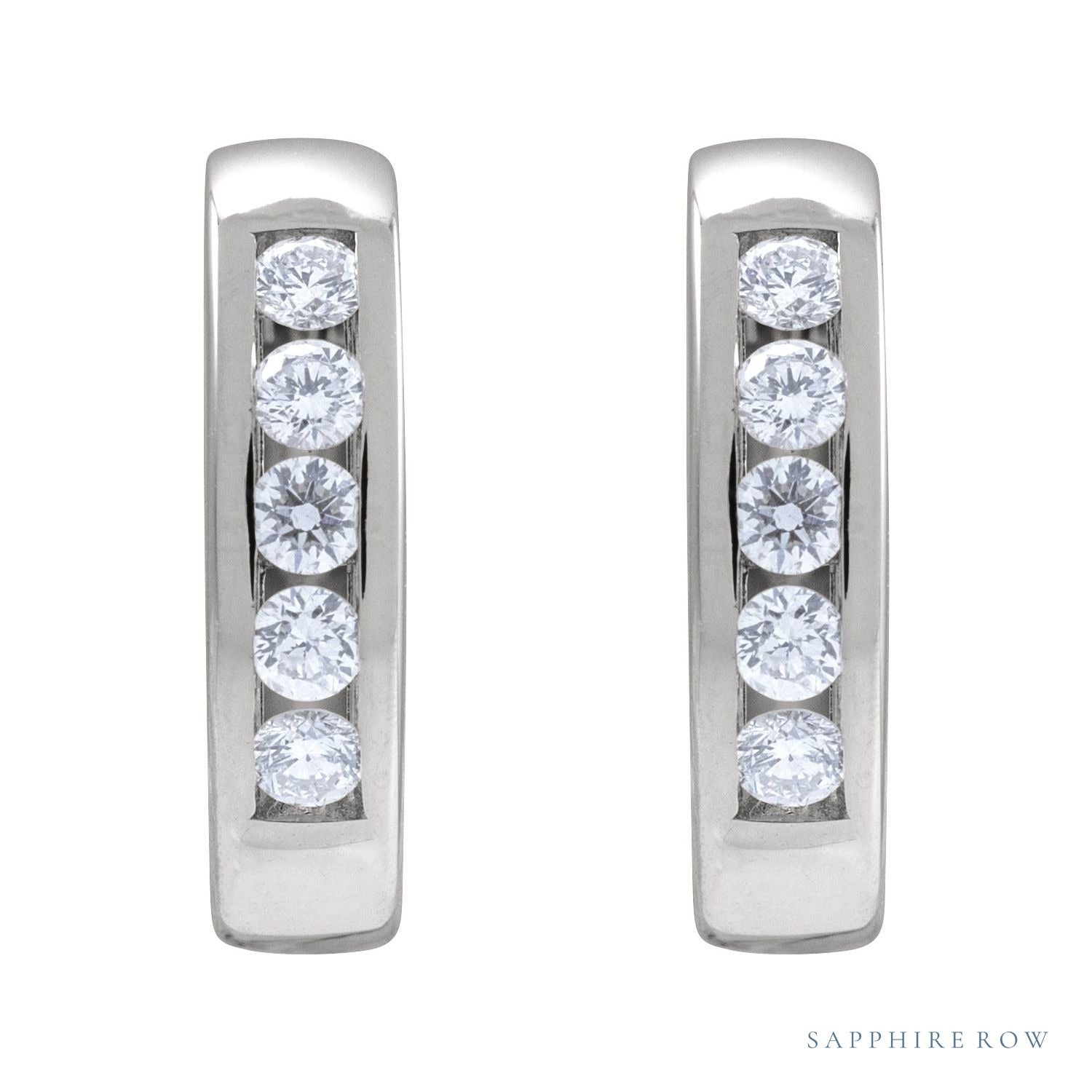 Sapphire Row Natural Diamond Channel-Set Huggie Earrings - 14K White Gold, 14 mm · 1/3 ctw (view 2)