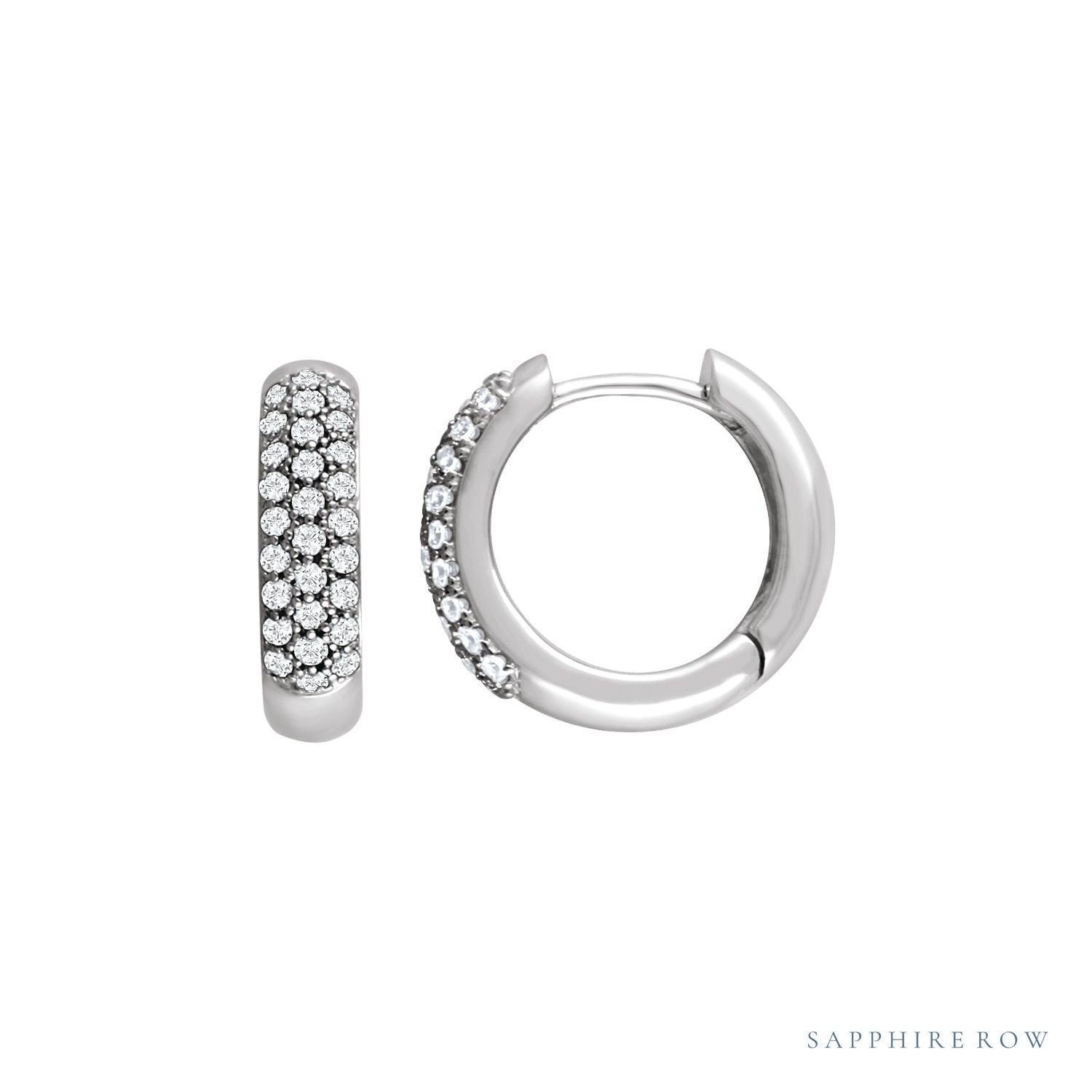 Sapphire Row Natural Diamond French Pavé Thick Huggie Earrings - 14K White Gold, 1/2 CTW