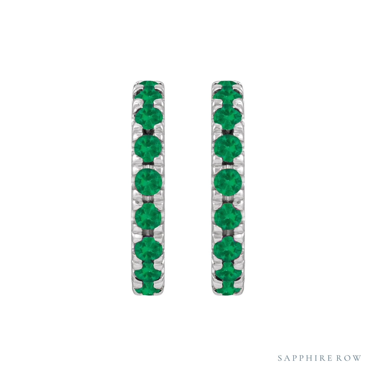 Sapphire Row Natural Gemstone Pavé Huggie Earrings - Emerald, 14K White Gold, 15.1 mm (view 2)