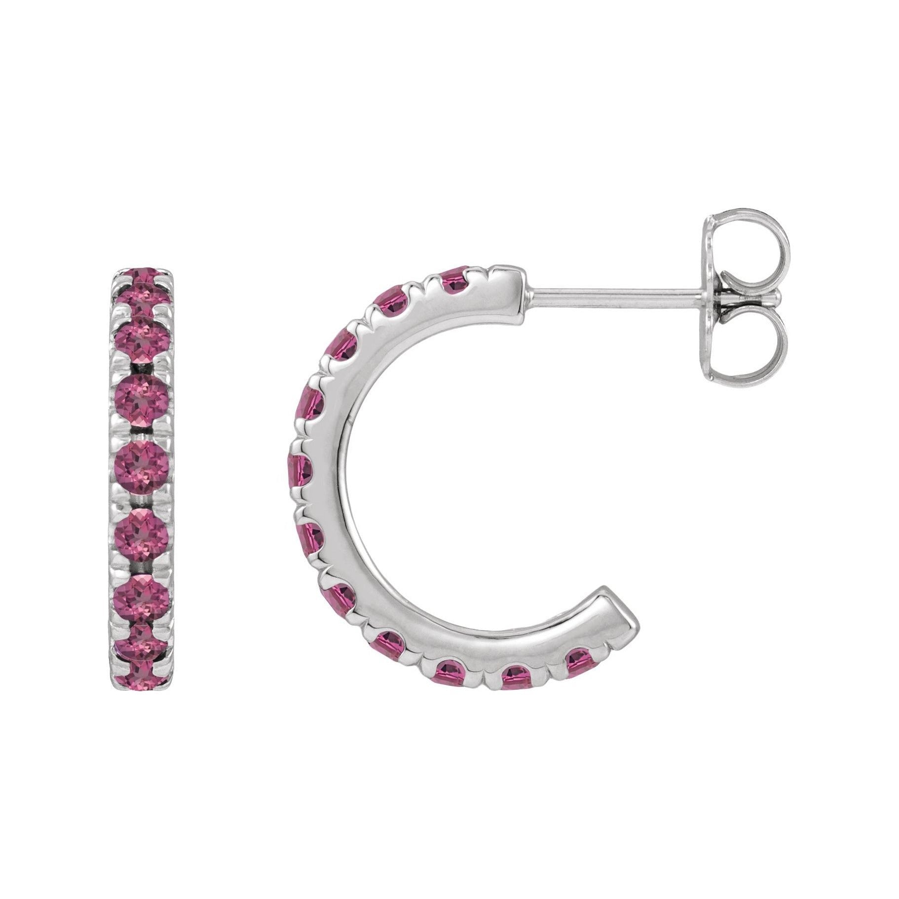 Sapphire Row Natural Gemstone Pavé Huggie Earrings - Pink Tourmaline, 14K White Gold