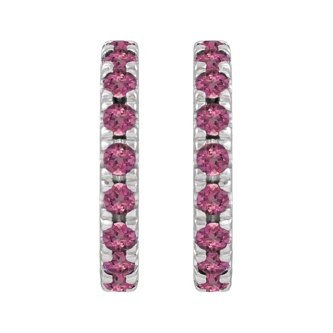 Sapphire Row Natural Gemstone Pavé Huggie Earrings - Pink Tourmaline, 14K White Gold (view 2)