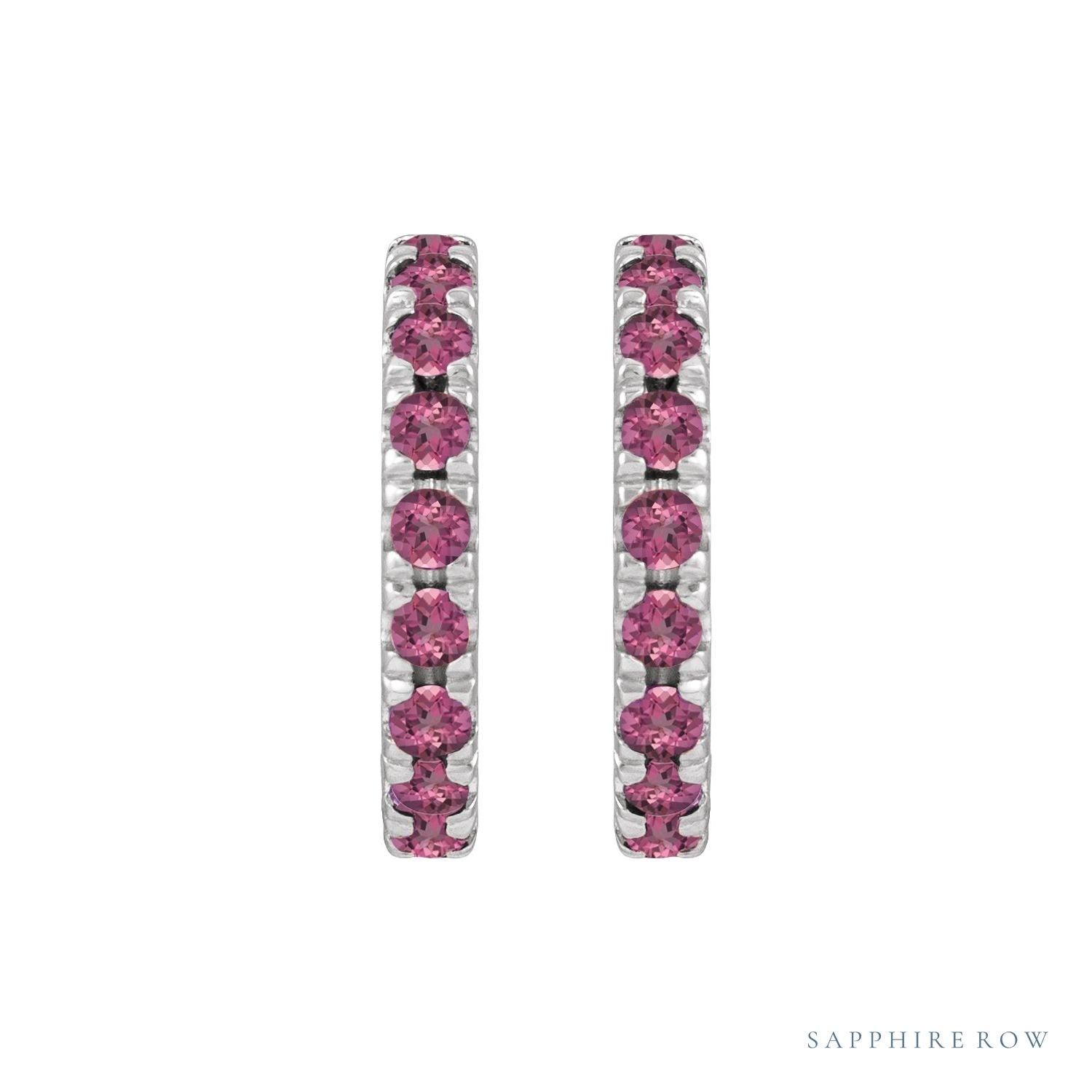 Sapphire Row Natural Gemstone Pavé Huggie Earrings - Pink Tourmaline, 14K White Gold (view 2)