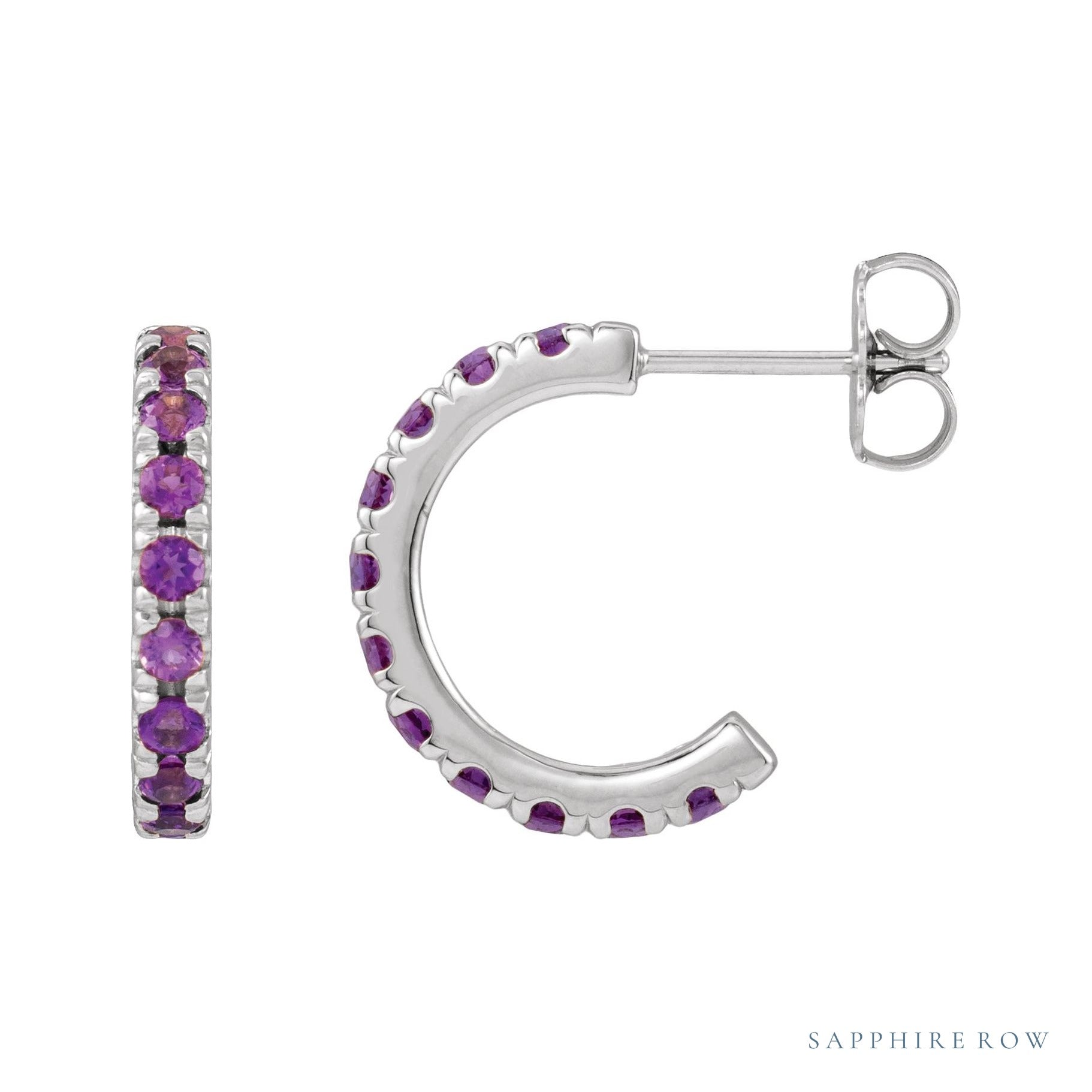 Sapphire Row Natural Gemstone Pavé Huggie Earrings - Amethyst, 14K White Gold