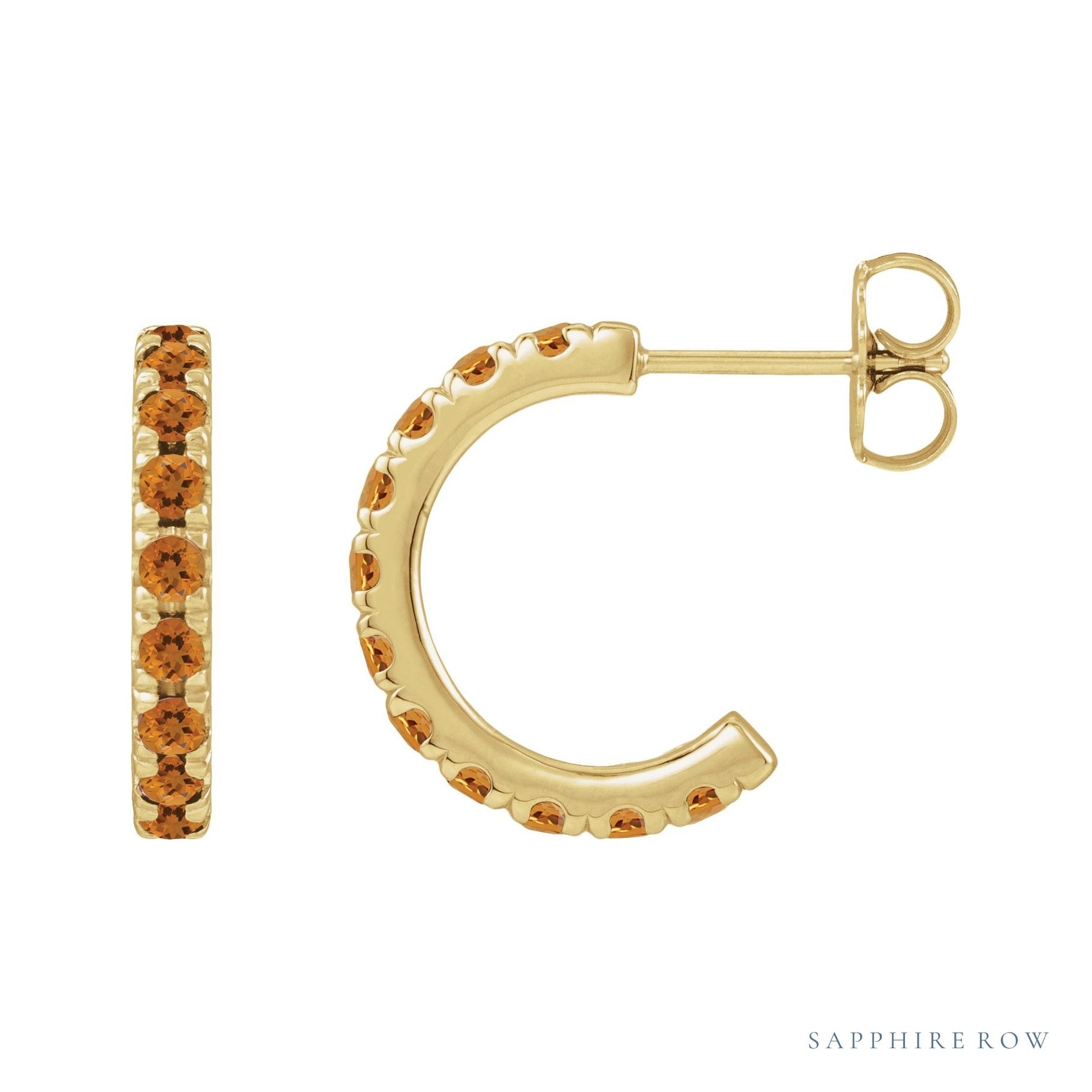 Sapphire Row Natural Gemstone Pavé Huggie Earrings - Citrine, 14K Yellow Gold