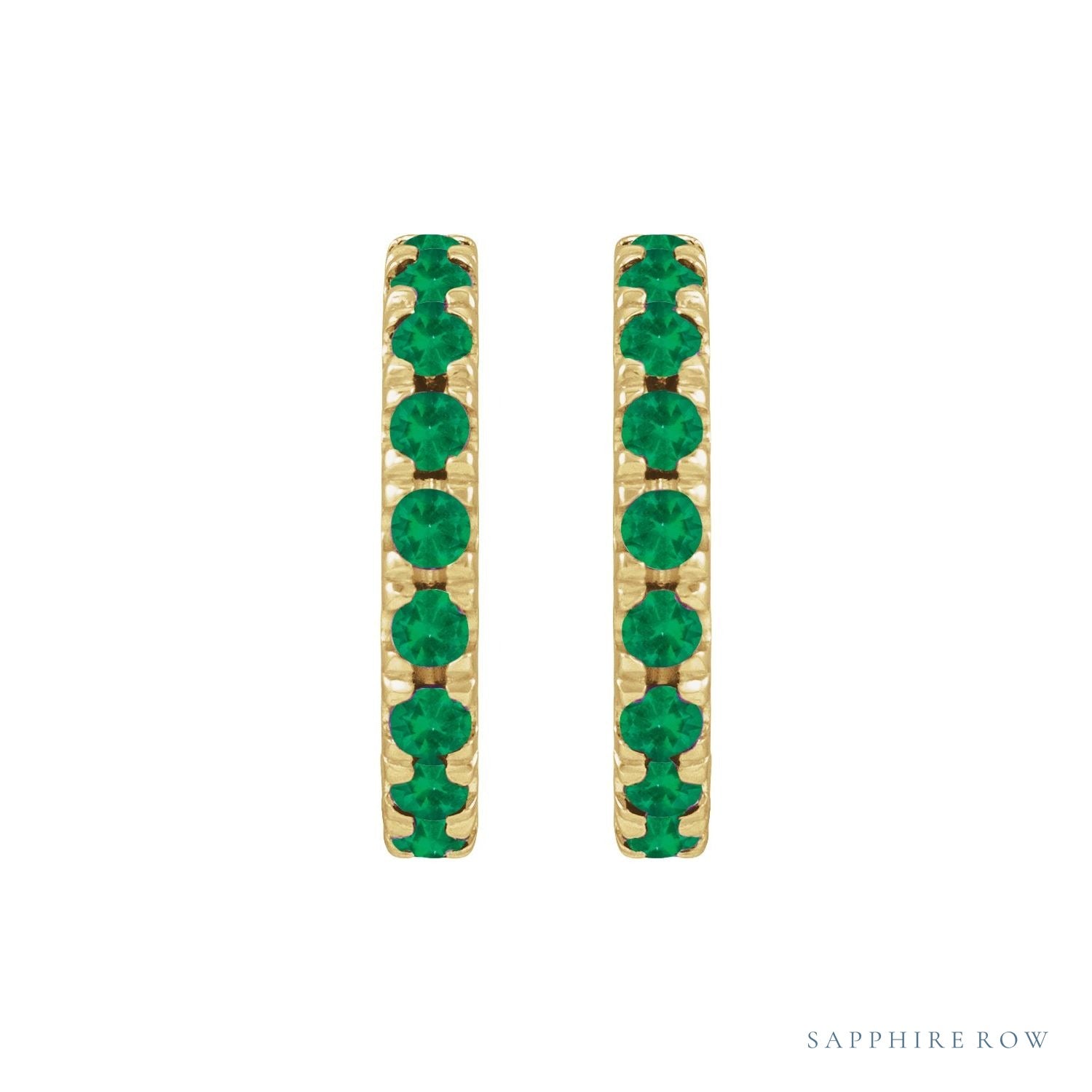 Sapphire Row Natural Gemstone Pavé Huggie Earrings - Emerald, 14K Yellow Gold (view 2)