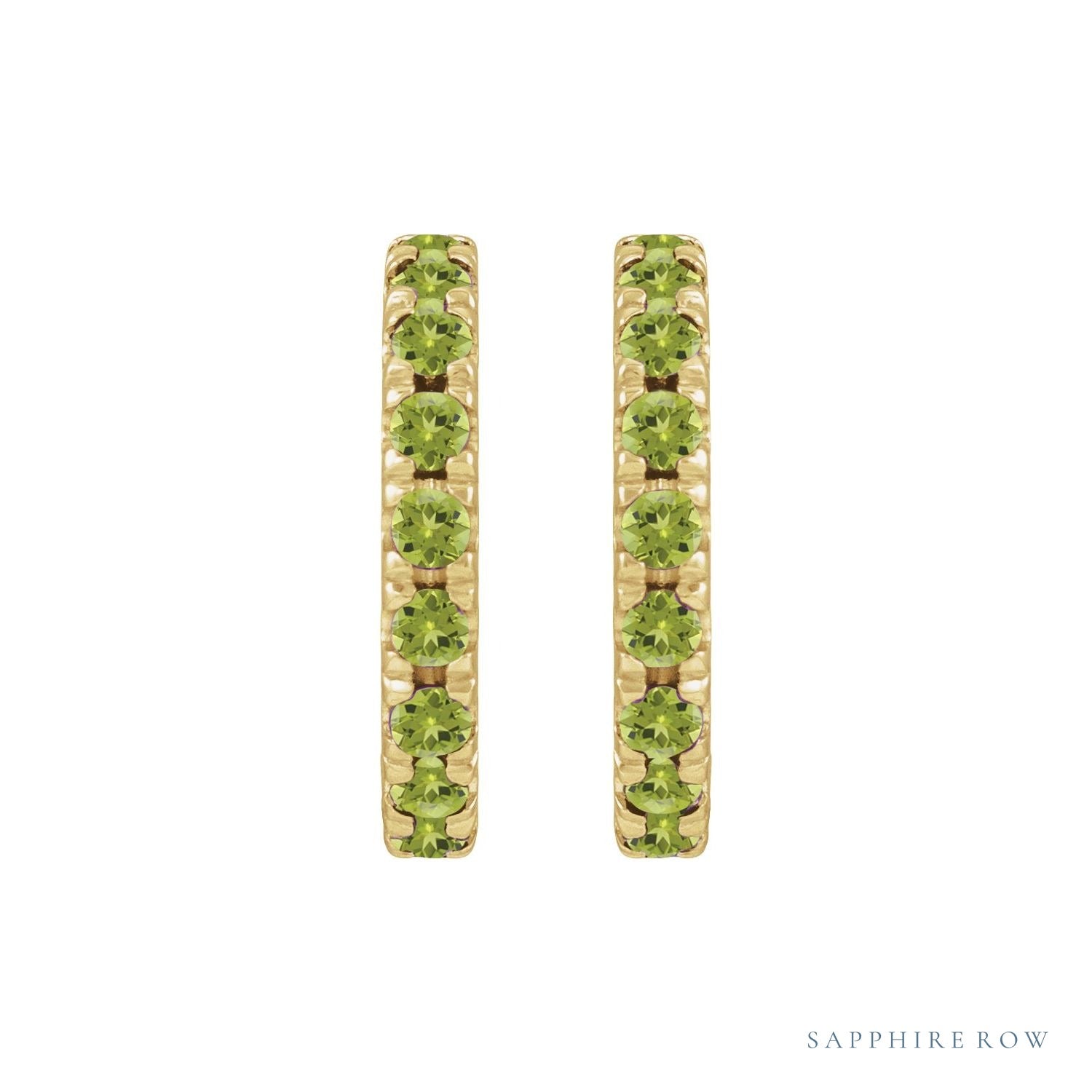 Sapphire Row Natural Gemstone Pavé Huggie Earrings - Peridot, 14K Yellow Gold (view 2)