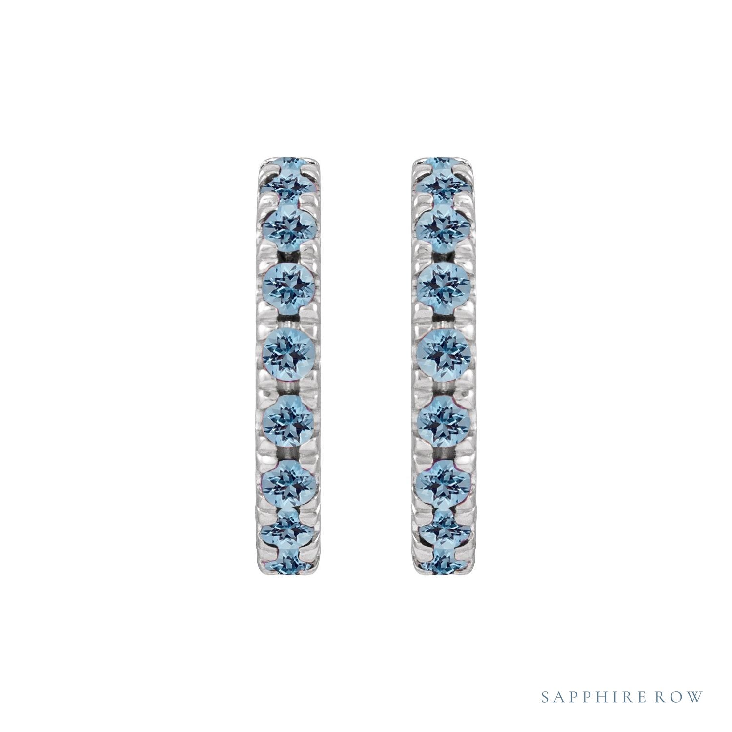 Sapphire Row Natural Gemstone Pavé Huggie Earrings - Aquamarine, Platinum (view 2)