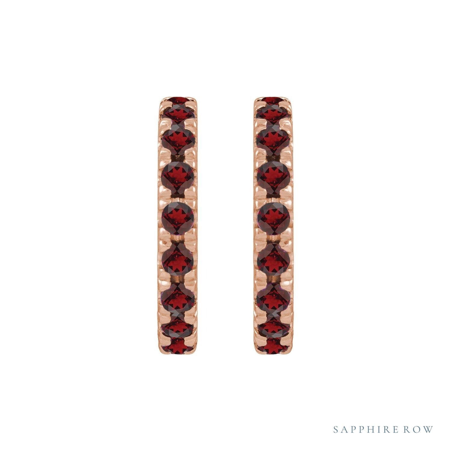 Sapphire Row Natural Gemstone Pavé Huggie Earrings - Mozambique Garnet, 14K Rose Gold (view 2)