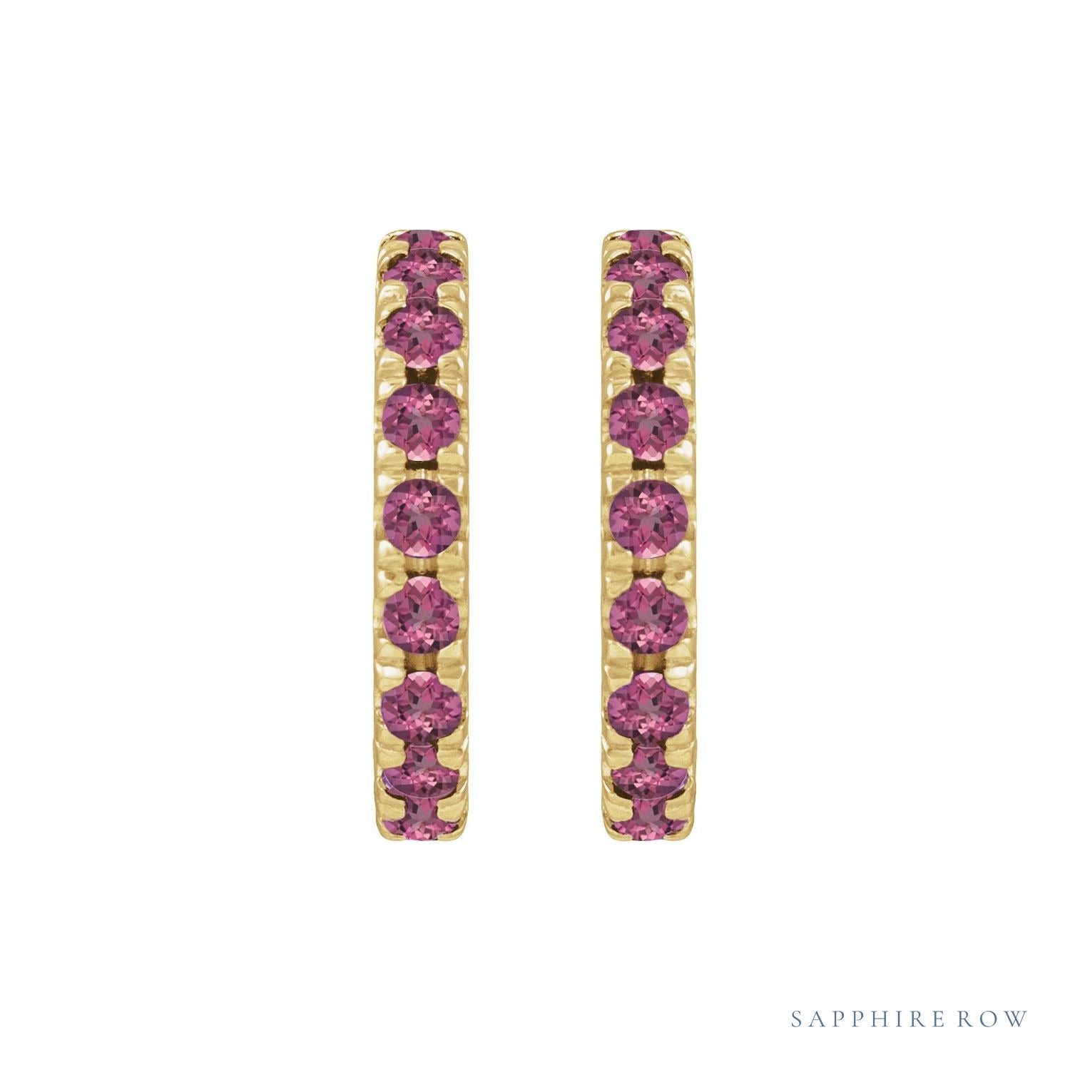 Sapphire Row Natural Gemstone Pavé Huggie Earrings - Pink Tourmaline, 14K Yellow Gold (view 2)