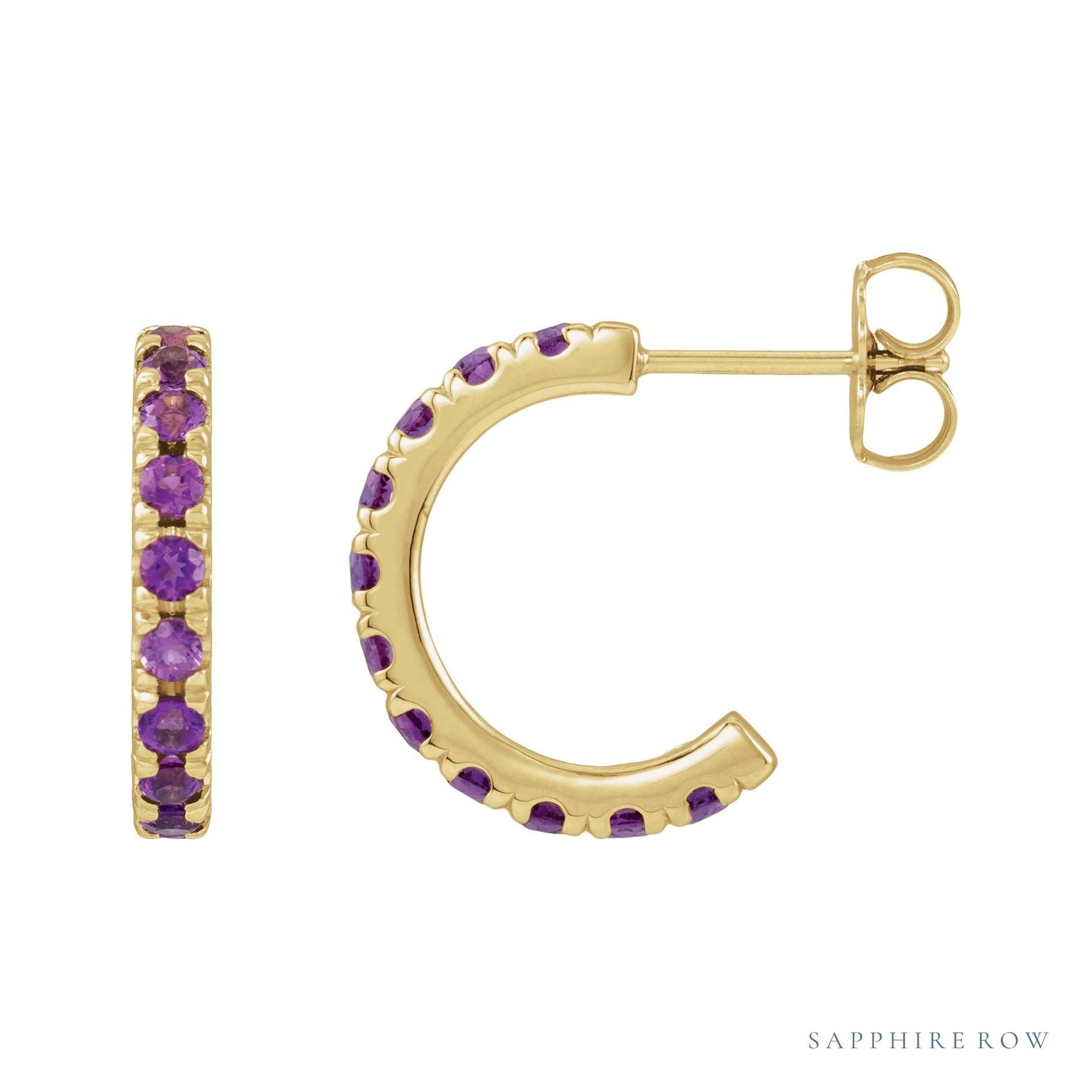 Sapphire Row Natural Gemstone Pavé Huggie Earrings - Amethyst, 14K Yellow Gold